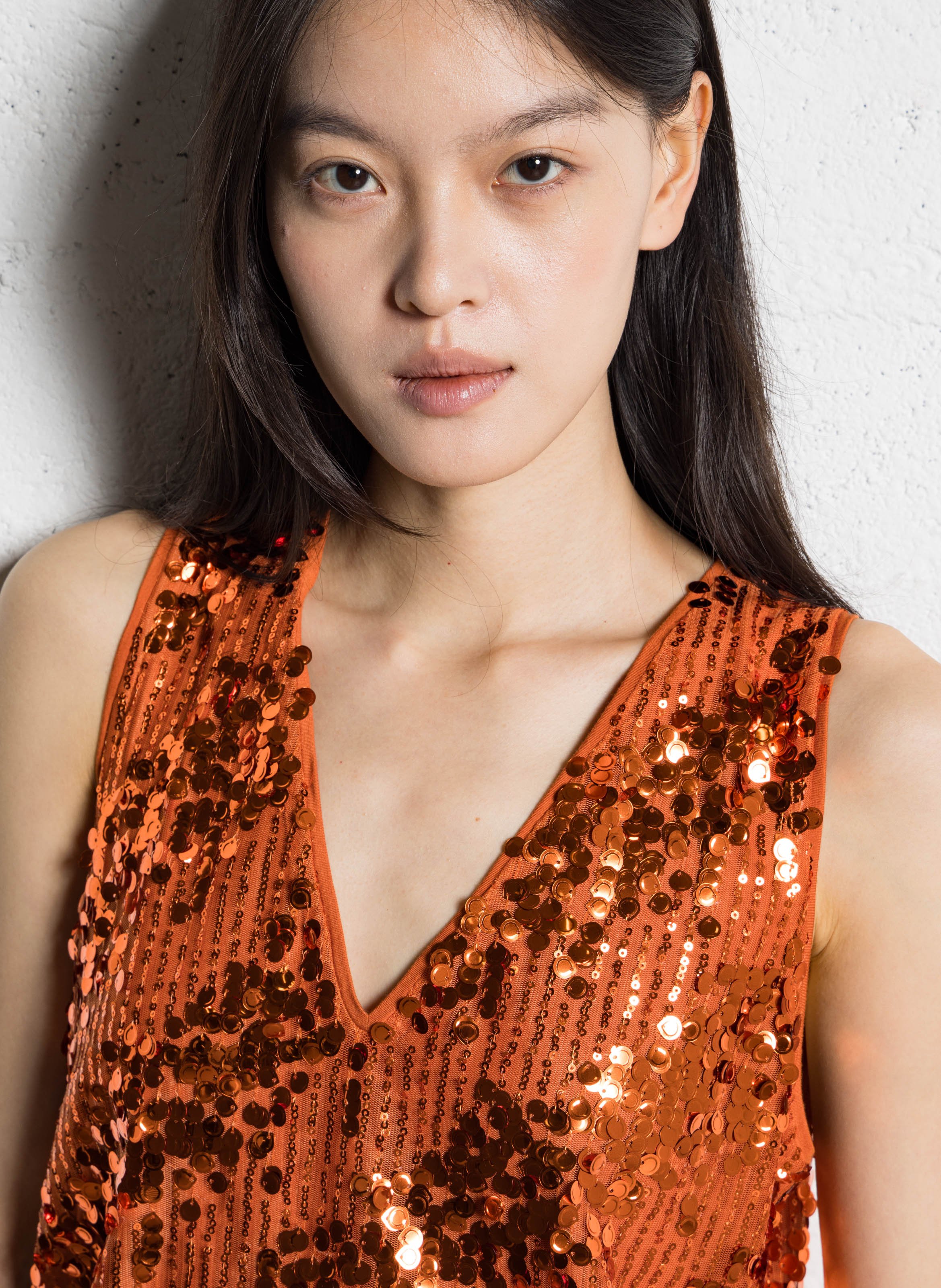 Top droit col v à sequins IKKS Orange