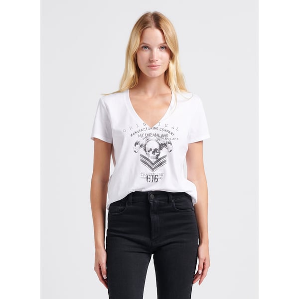 T-shirt col v imprimé à studs en coton