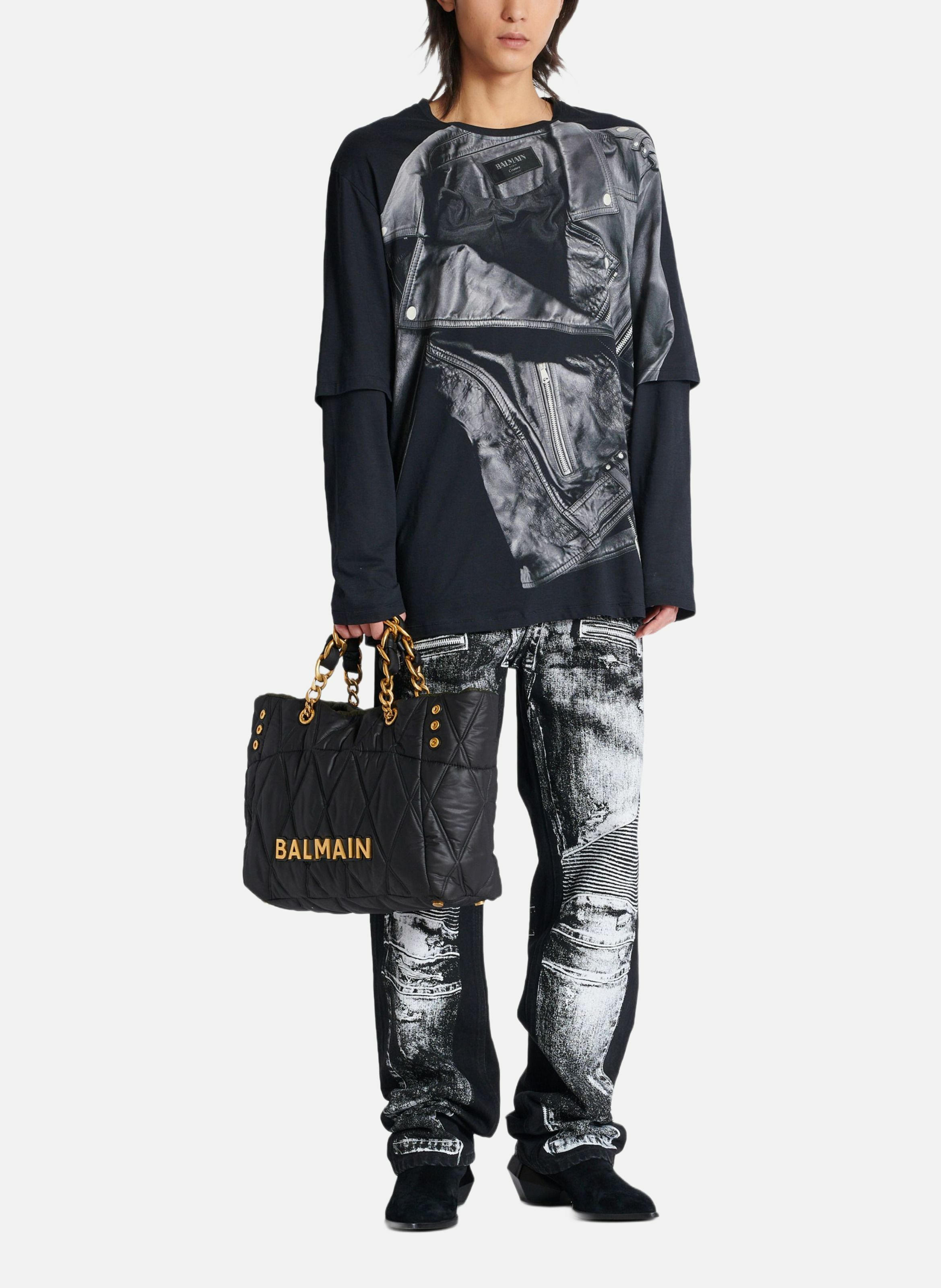 T-shirt à manches longues imprimé trompe-l’œil veste biker BALMAIN Noir