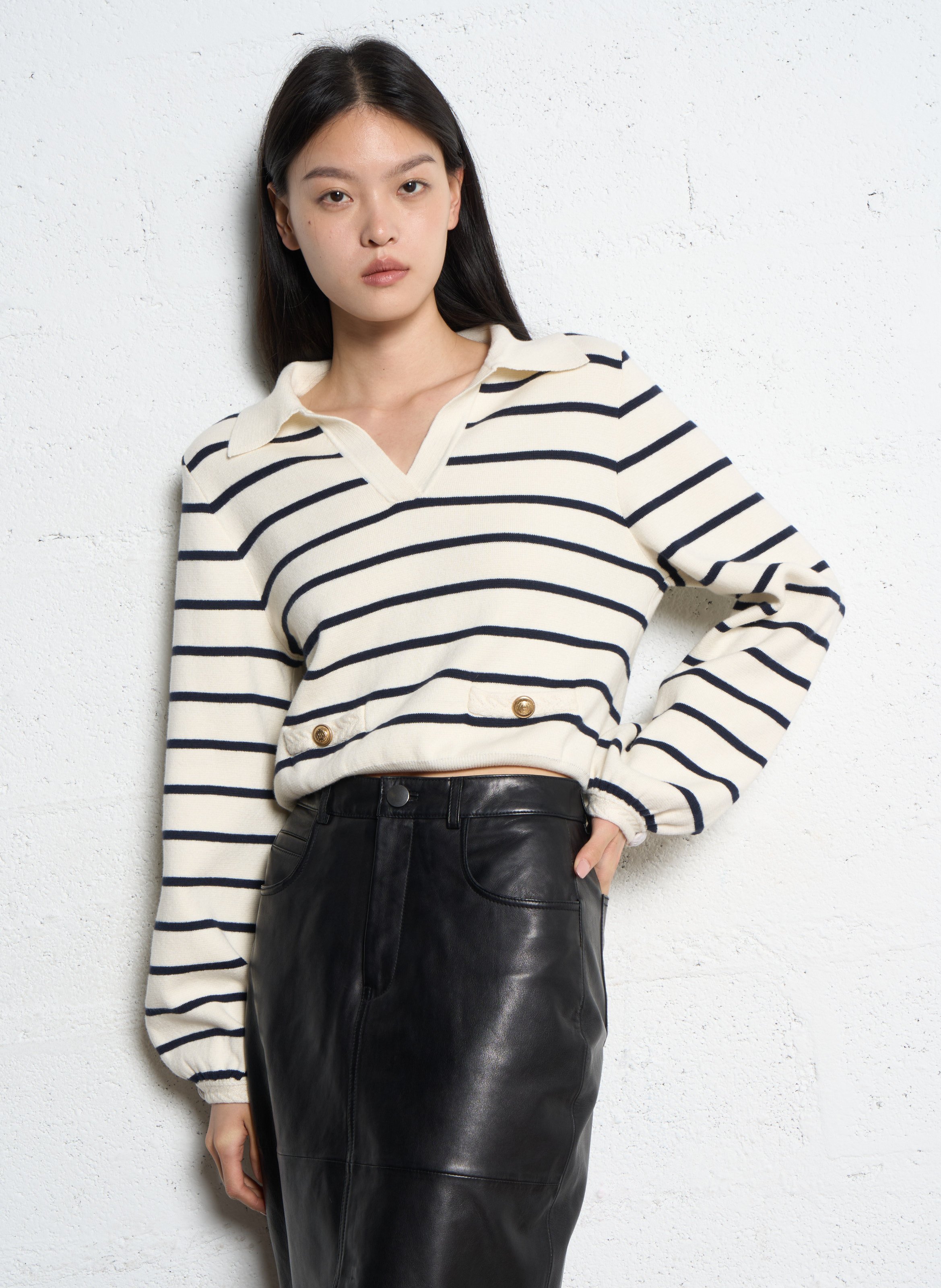 Pull droit à rayures et poches fantaisies IKKS Blanc