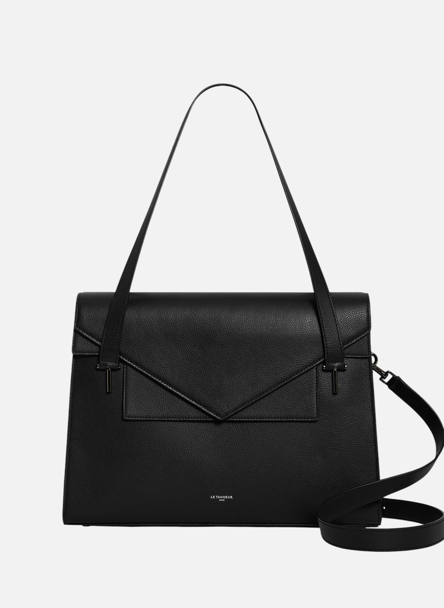 Porte documents double rabat porté épaule emilie en cuir grainé LE TANNEUR Noir