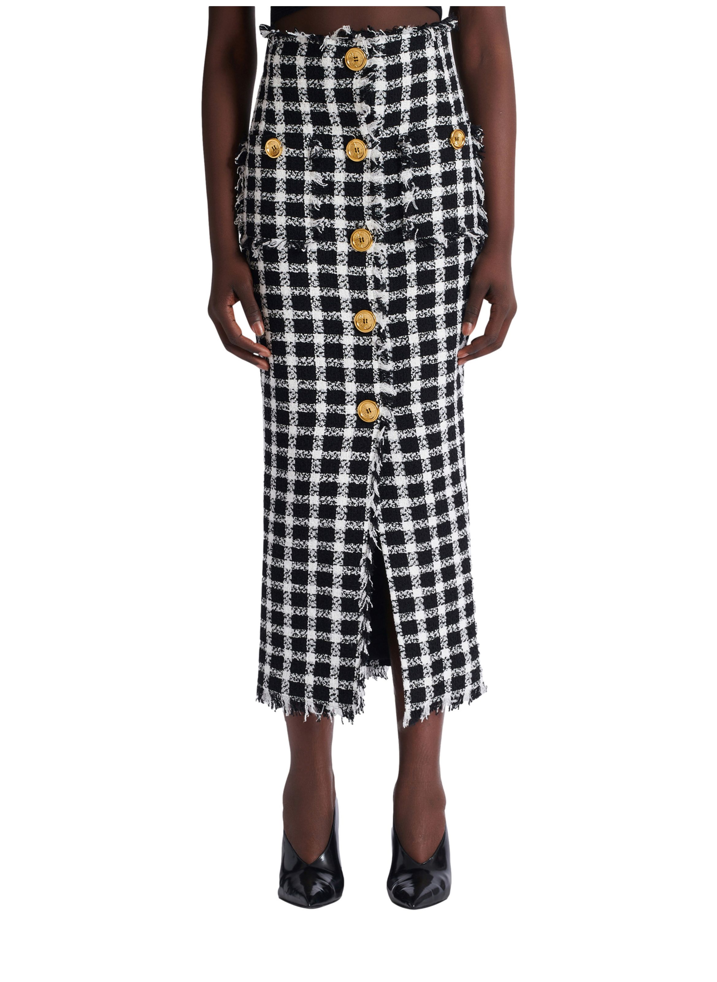 Jupe longue en tweed vichy BALMAIN Noir