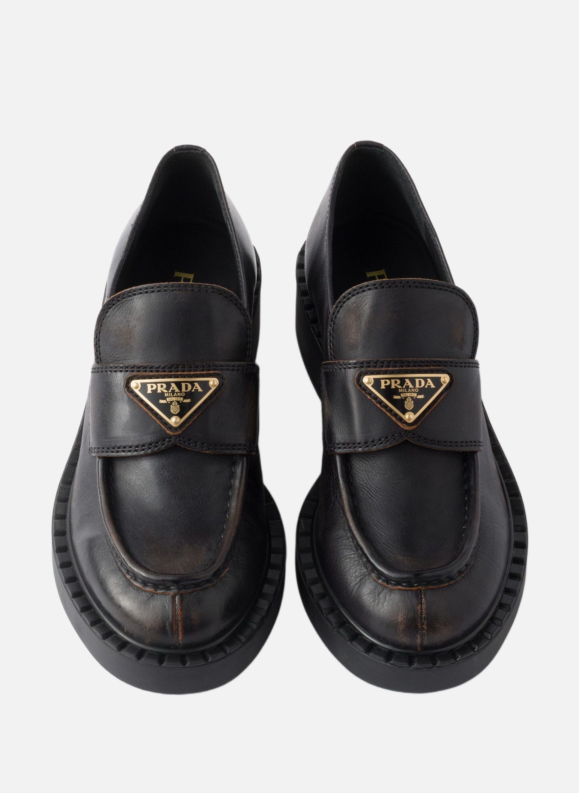 Mocassins en cuir chocolat vieilli PRADA Noir