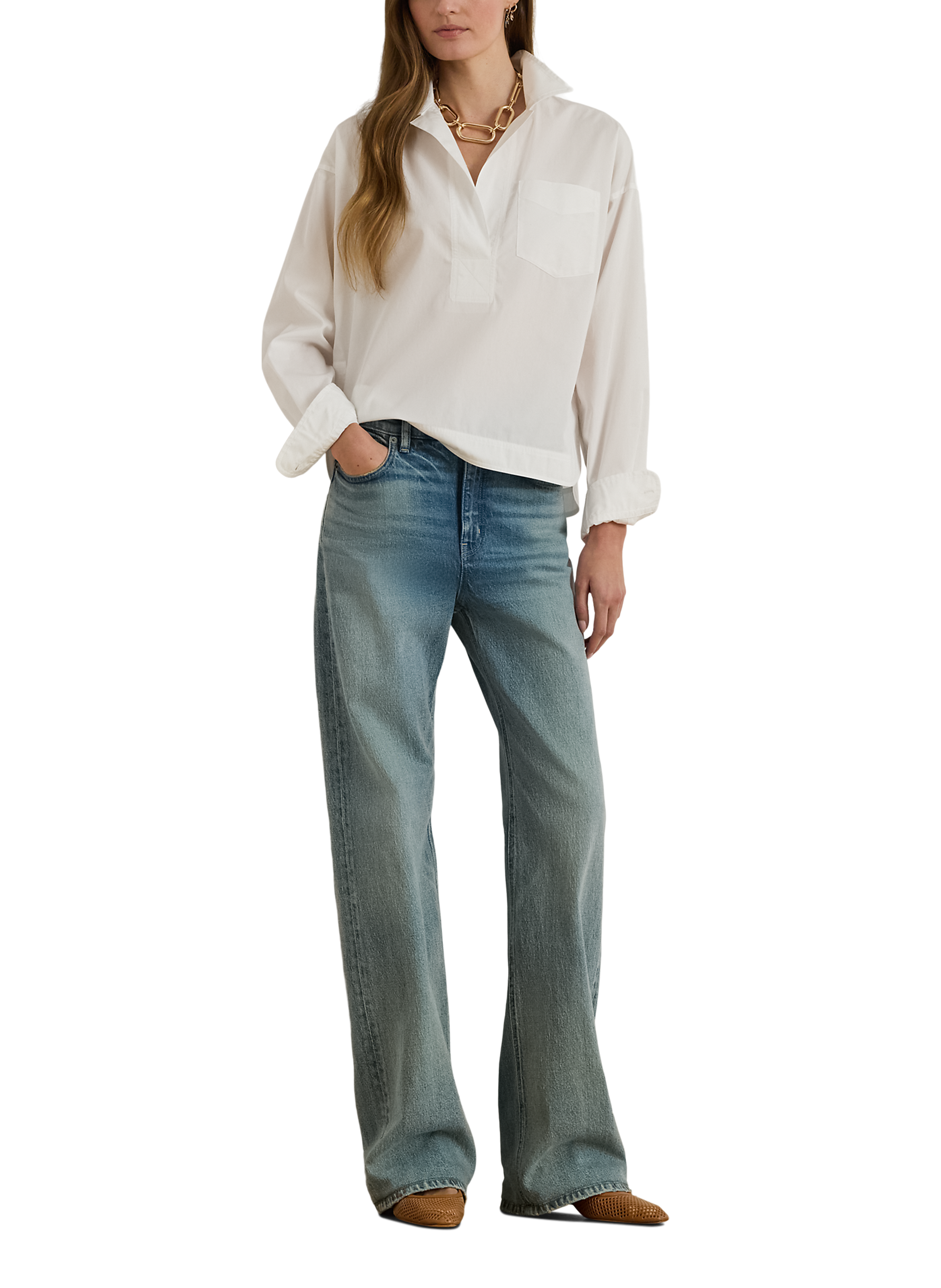 Chemise large à col tailleur en coton LAUREN Blanc