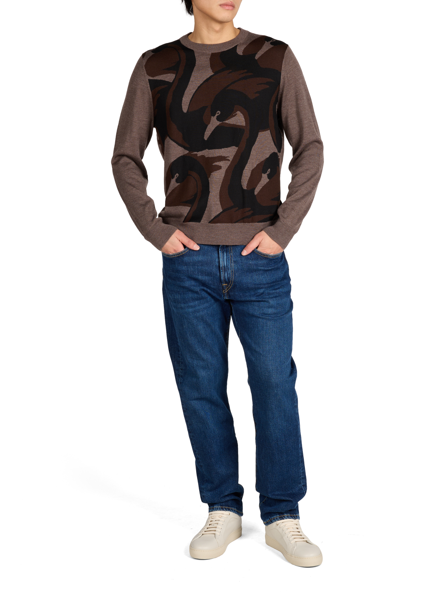 Straight printed sweater in merino wool and silk Brown