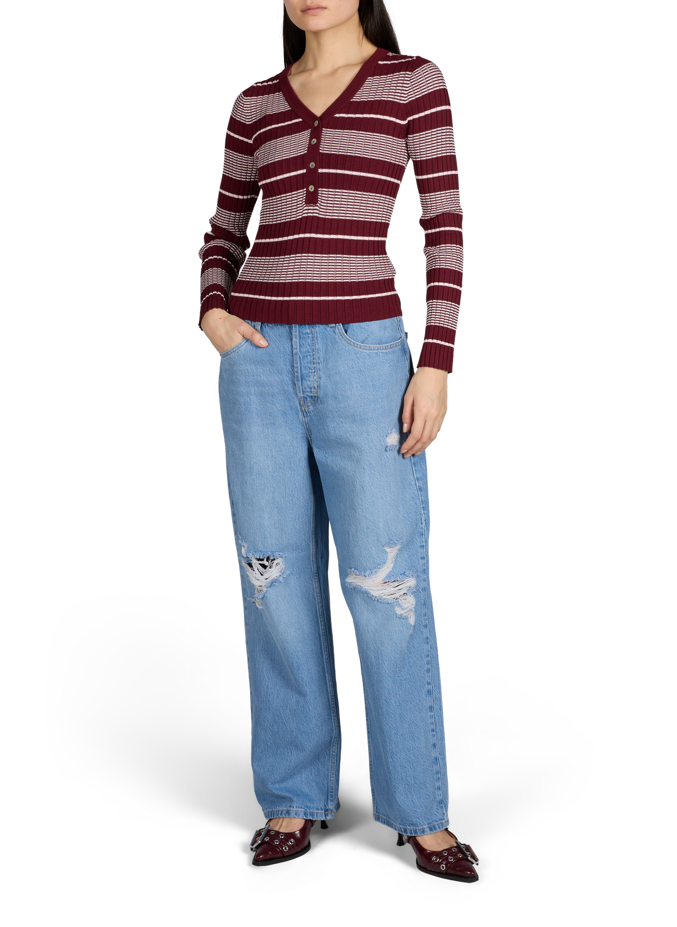 Pull à rayures col V TOPSHOP Rouge