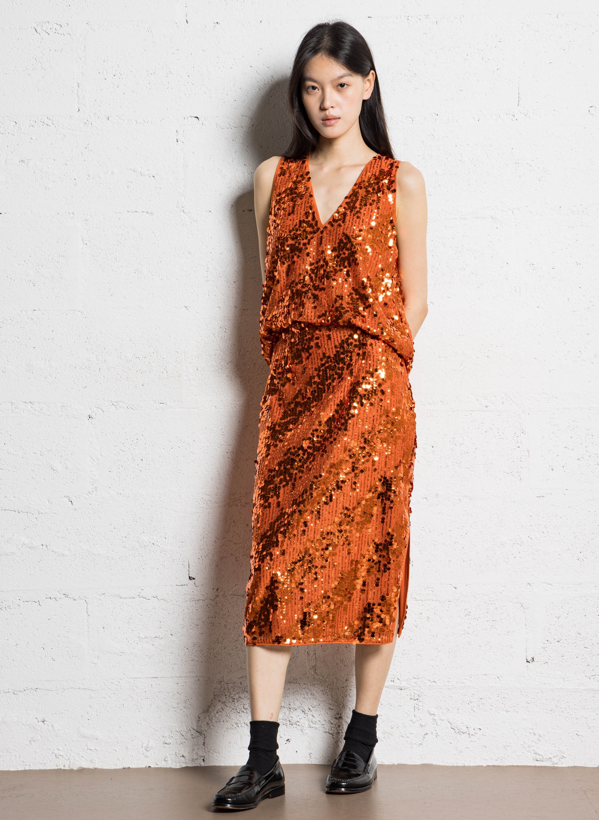 Top droit col v à sequins IKKS Orange