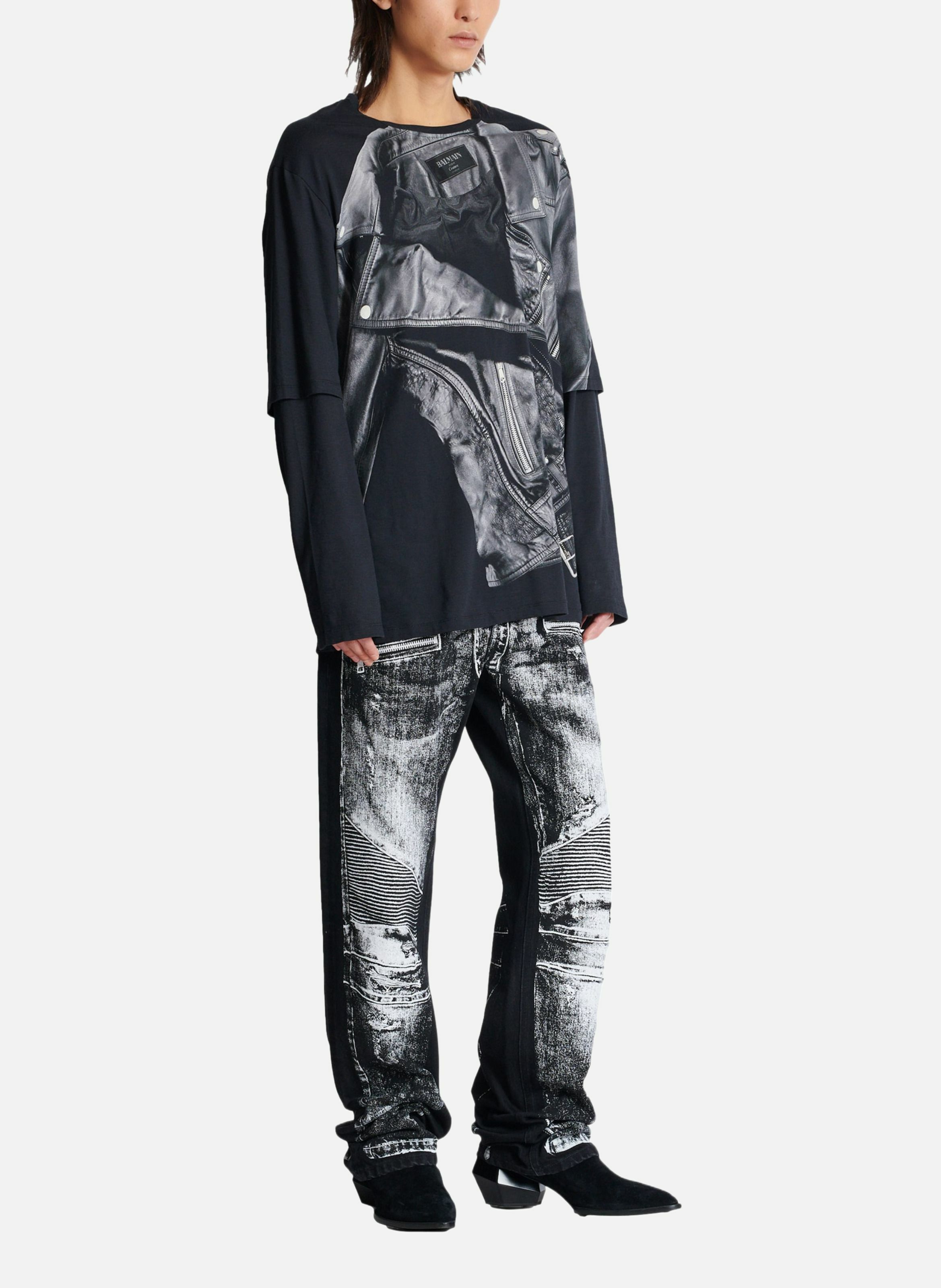 T-shirt à manches longues imprimé trompe-l’œil veste biker BALMAIN Noir