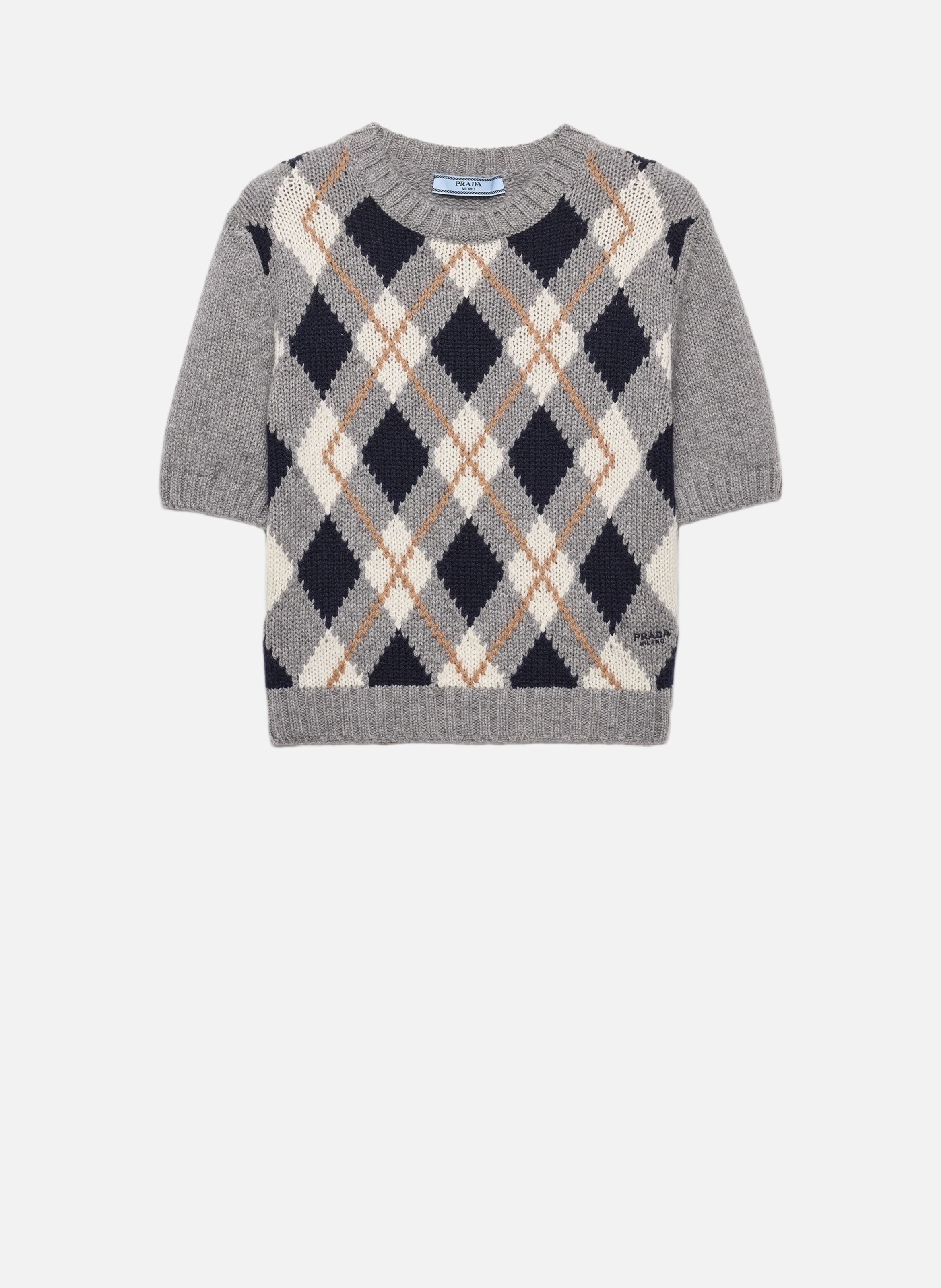 Pull en cachemire à manches courtes en maille stam PRADA Gris