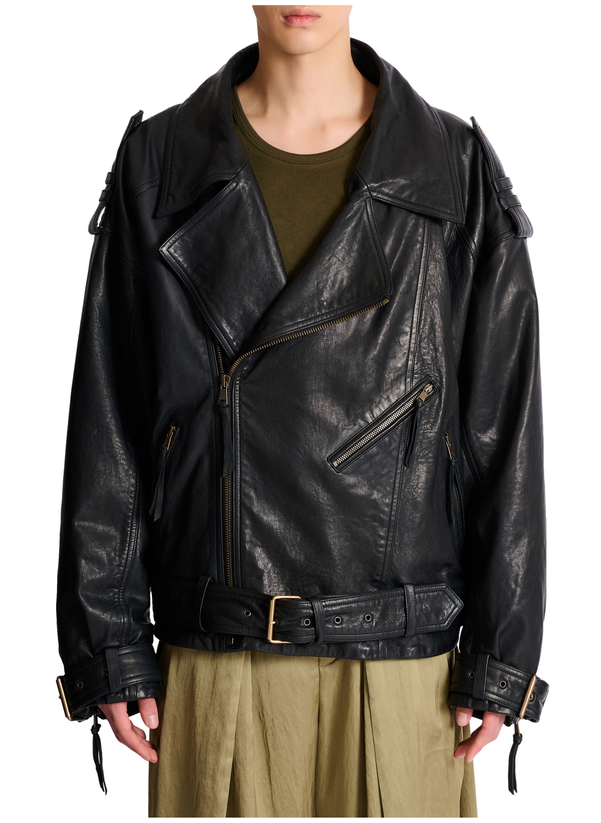 Veste biker en cuir d’agneau BALMAIN Noir