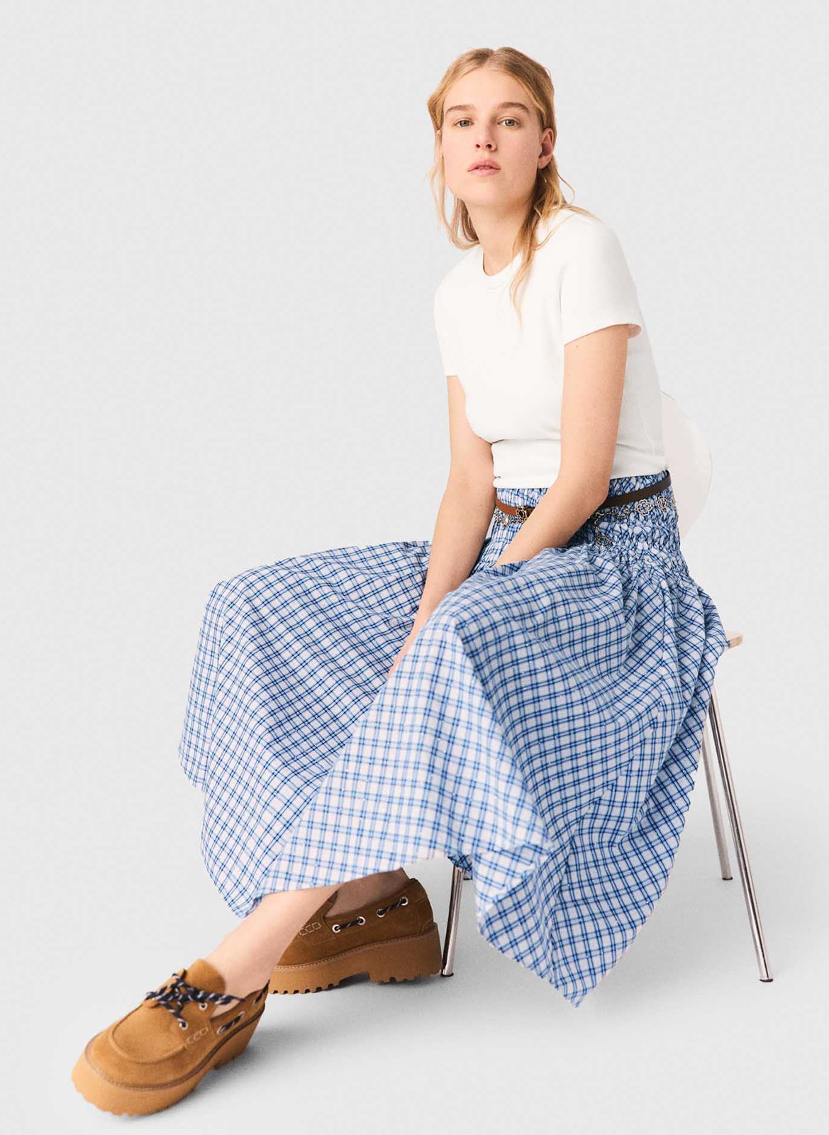 Jupe longue évasée à carreaux en coton MAJE Bleu