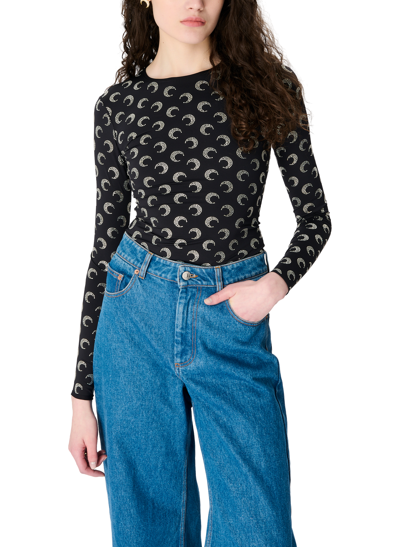 Top col rond manches longues moon strass en jersey MARINE SERRE Noir