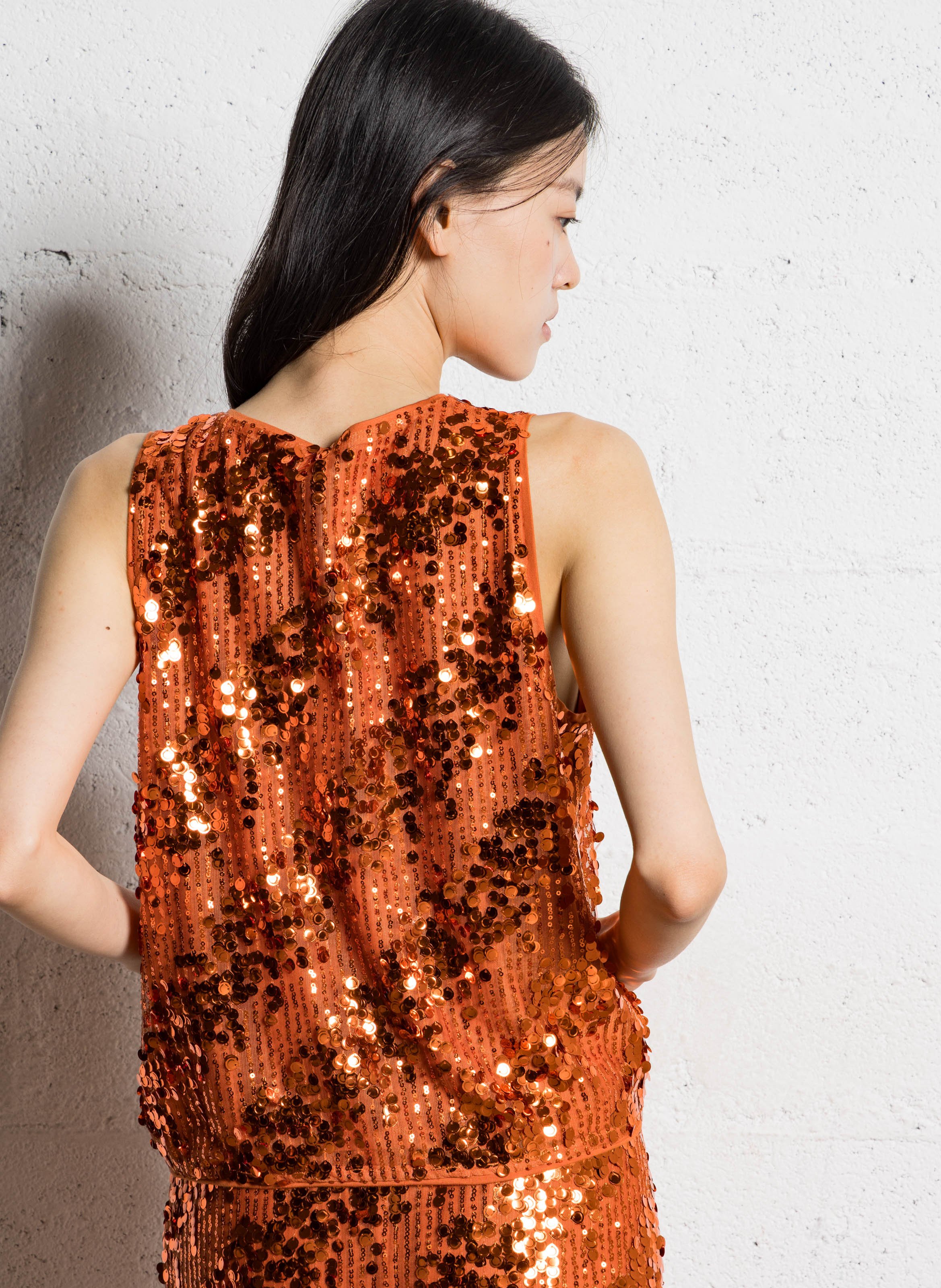 Top droit col v à sequins IKKS Orange