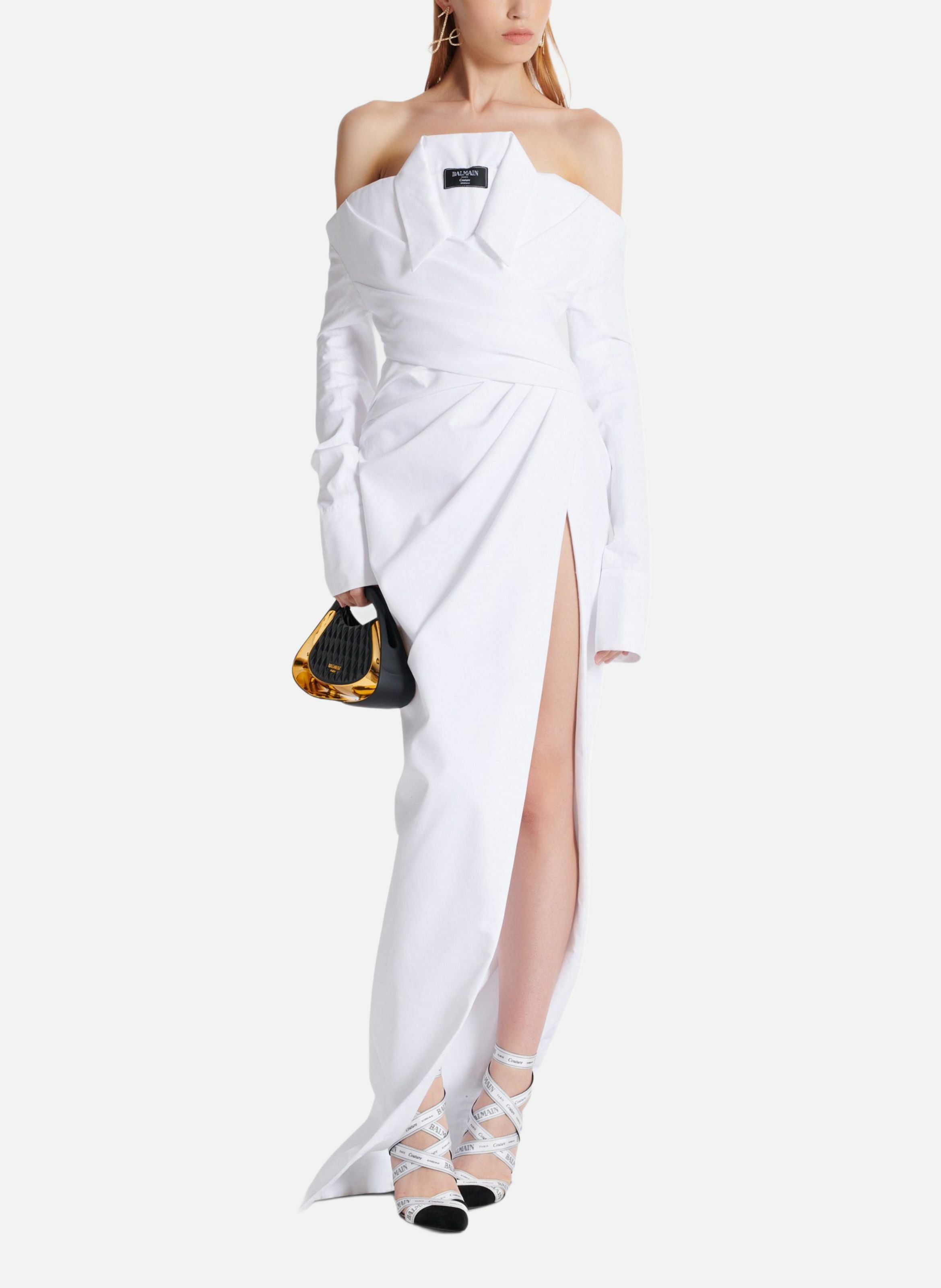 Robe bustier longue à manches longues en popeline BALMAIN Blanc