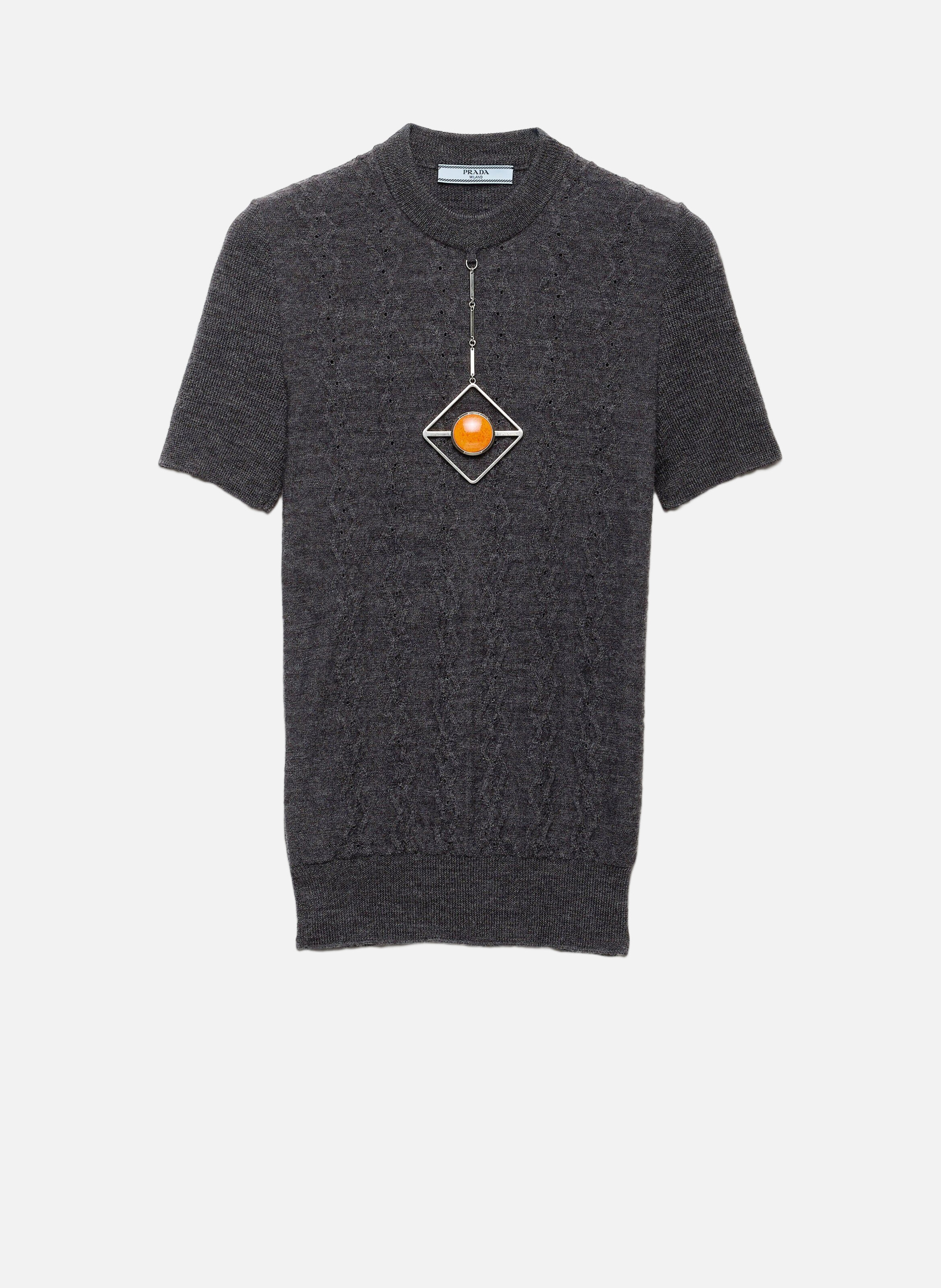 Pull en laine à manches courtes avec pendentif PRADA Gris