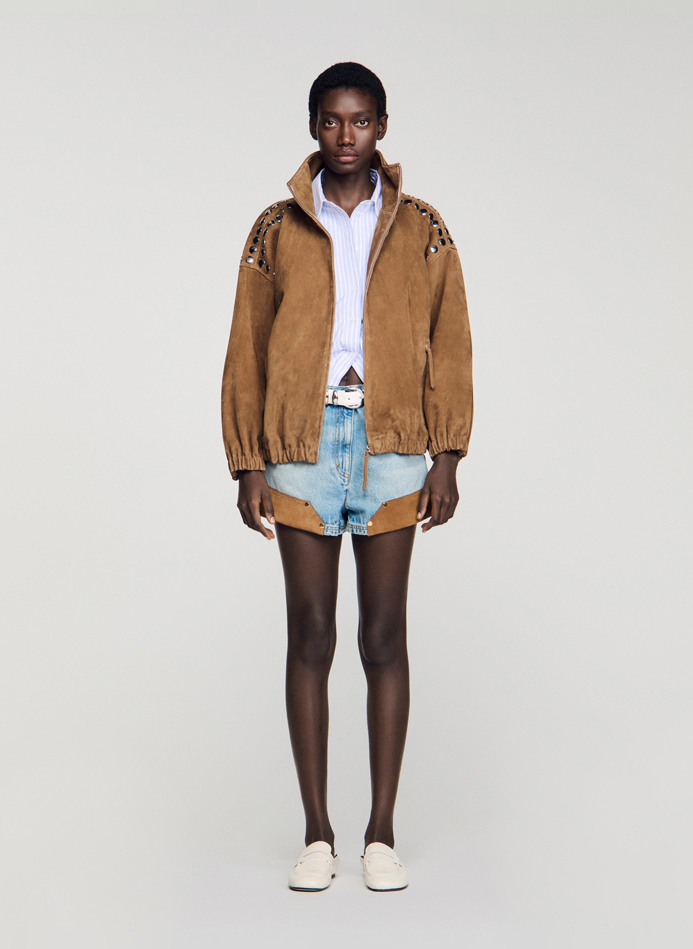 Blouson oversize en cuir SANDRO Marron