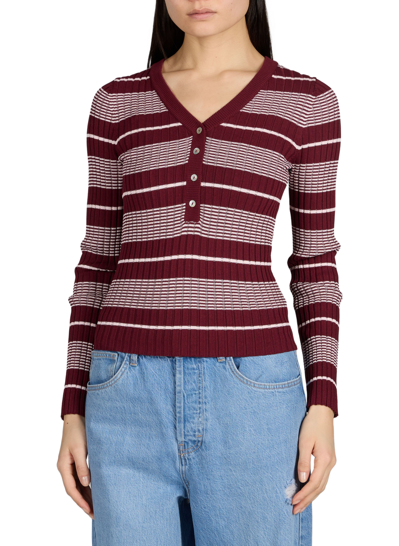 Pull à rayures col V TOPSHOP Rouge