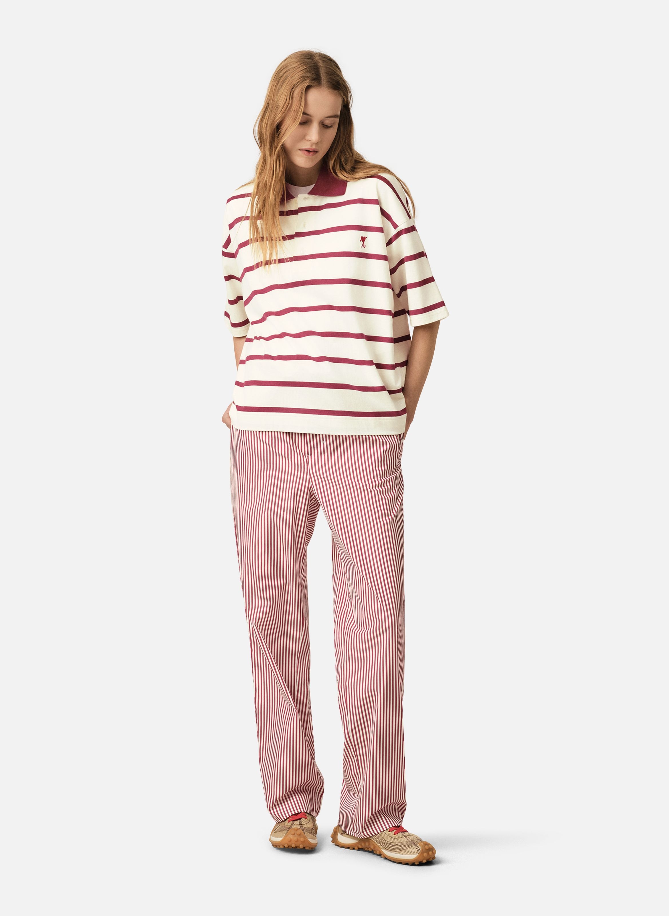 Pantalon taille élastiquée à rayures unisexe en coton AMI PARIS Blanc