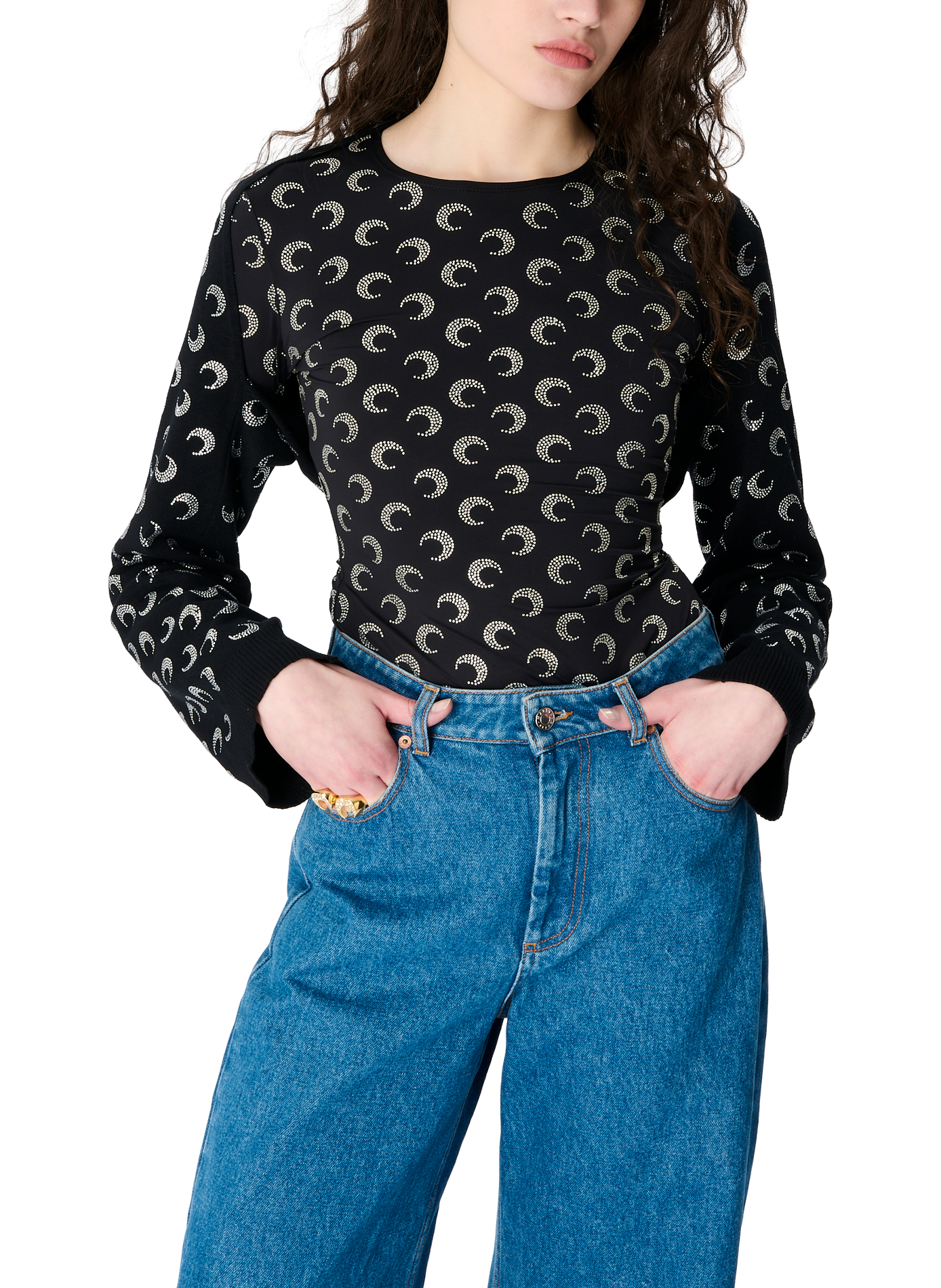 Top col rond manches longues moon strass en jersey MARINE SERRE Noir