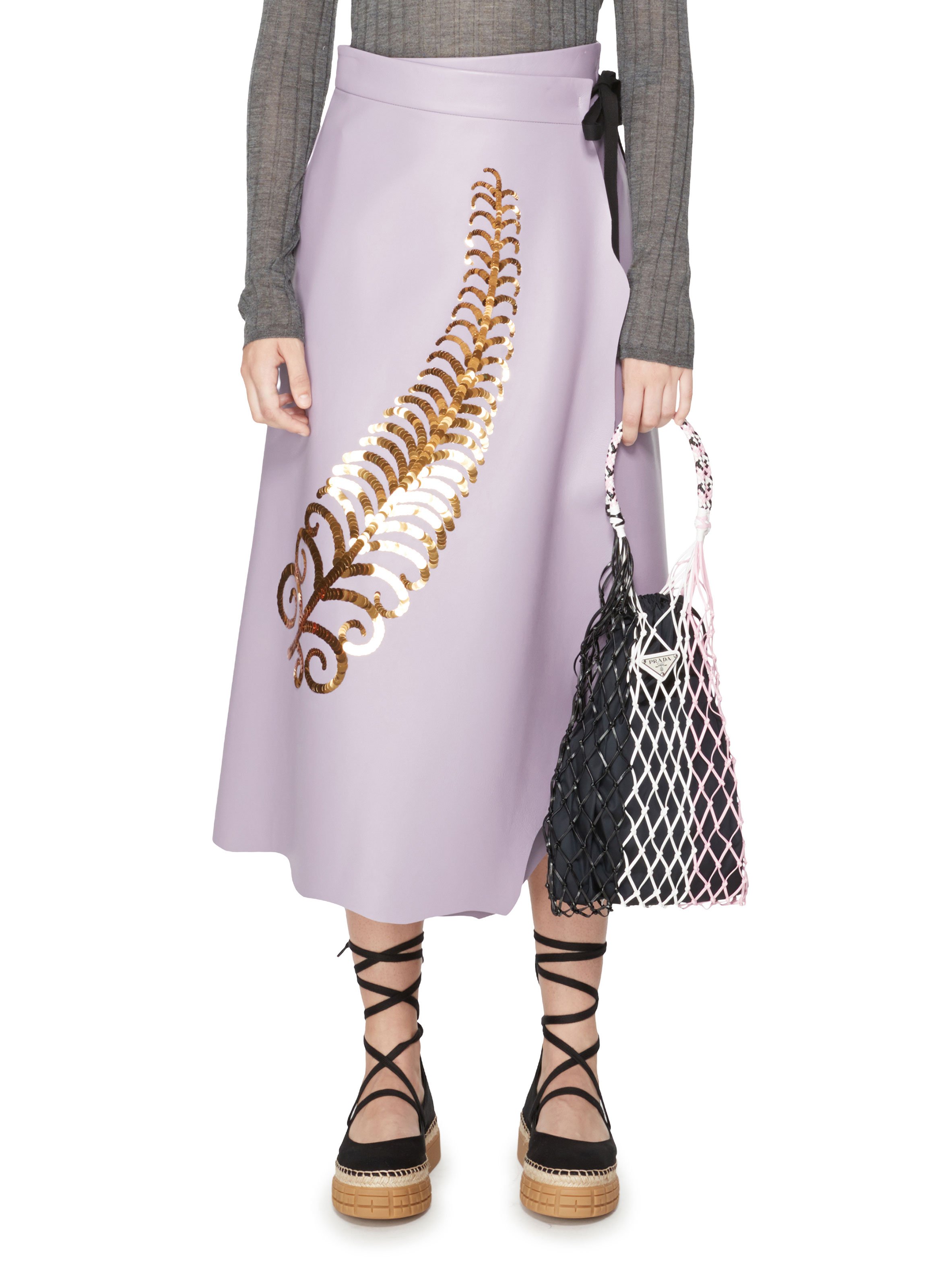 PRADA Embroidered and sequinned leather Skirt Purple