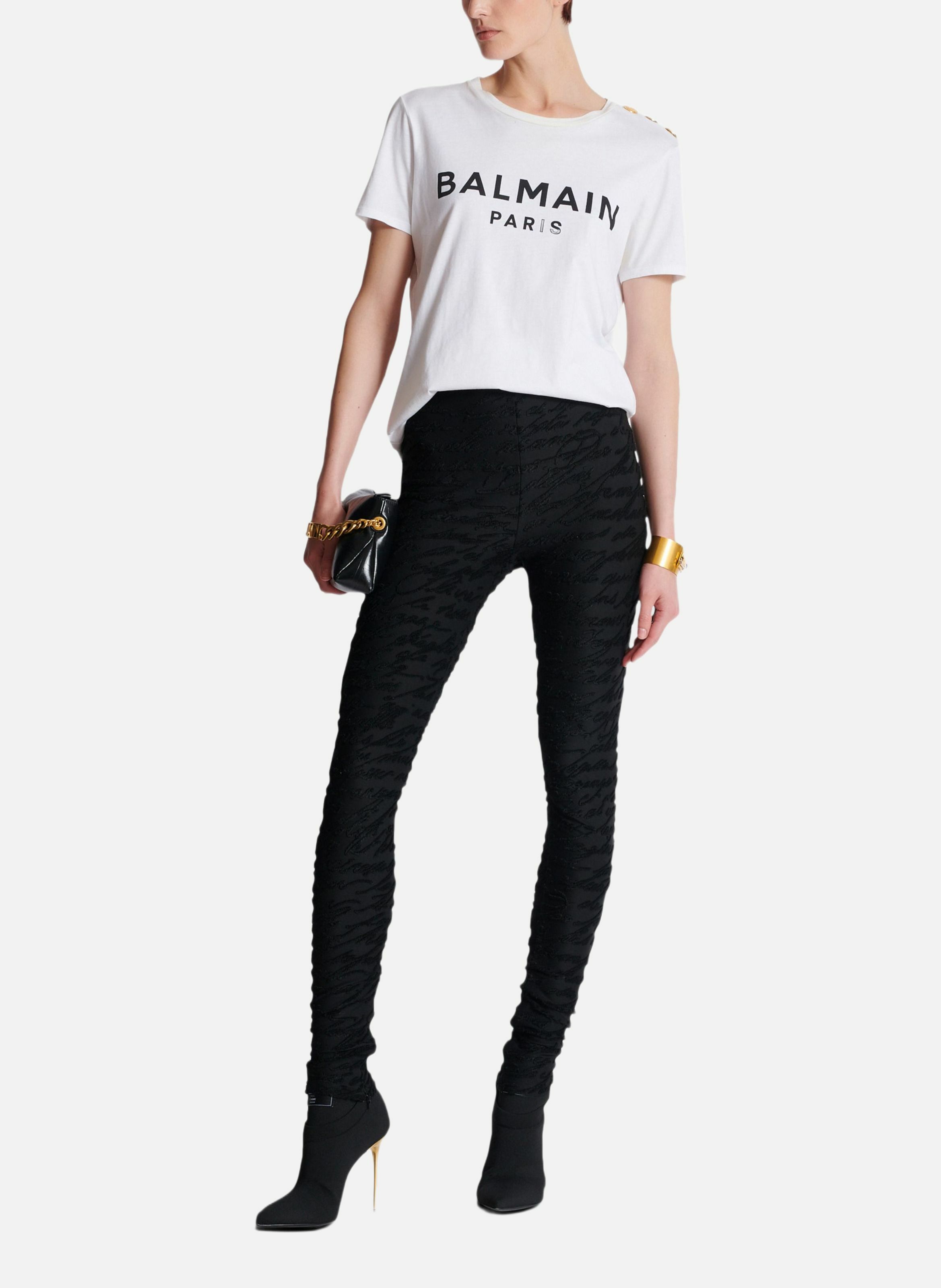 Legging en maille jacquard à motif « lettre d'amour » BALMAIN Noir