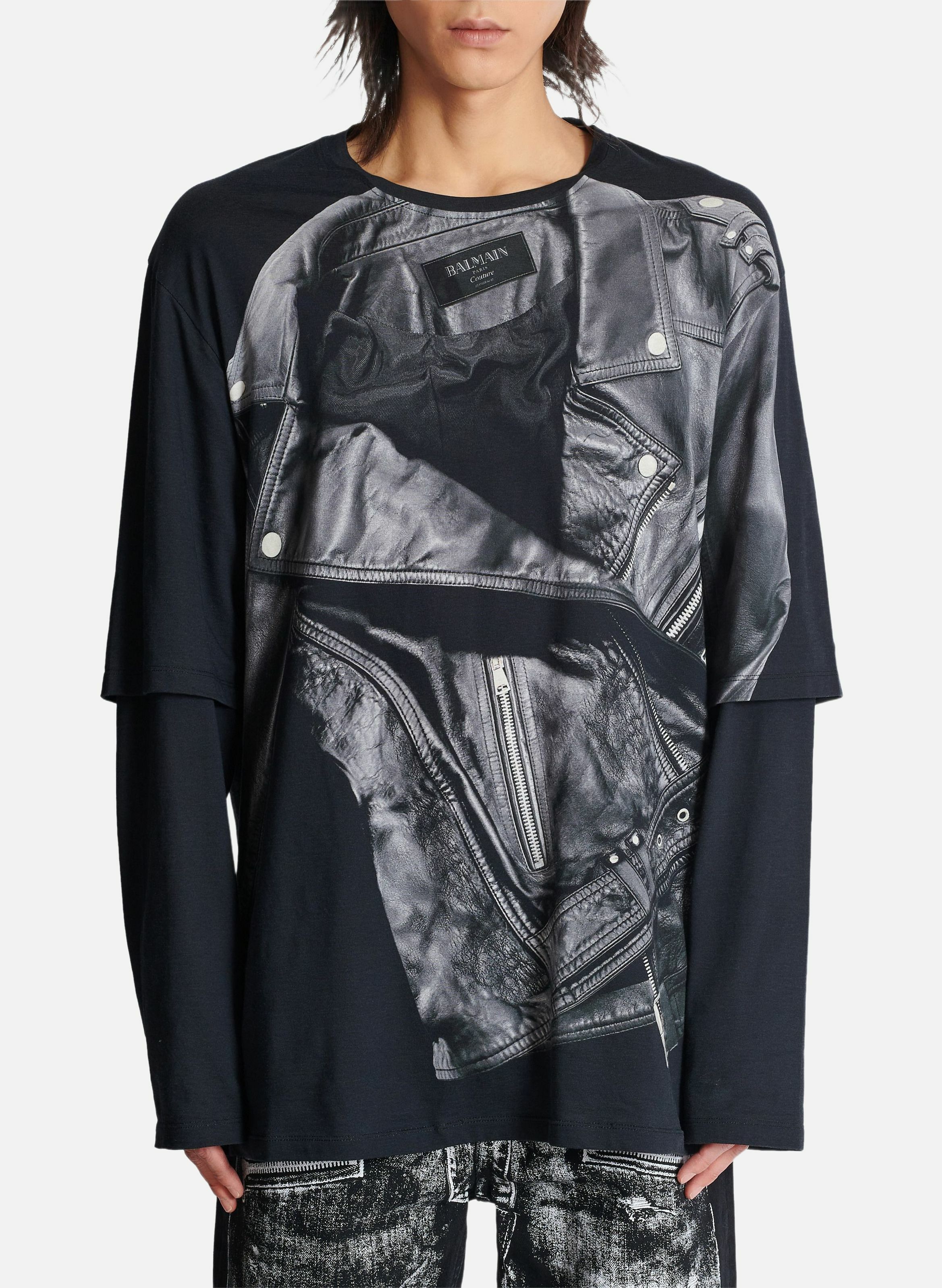 T-shirt à manches longues imprimé trompe-l’œil veste biker BALMAIN Noir