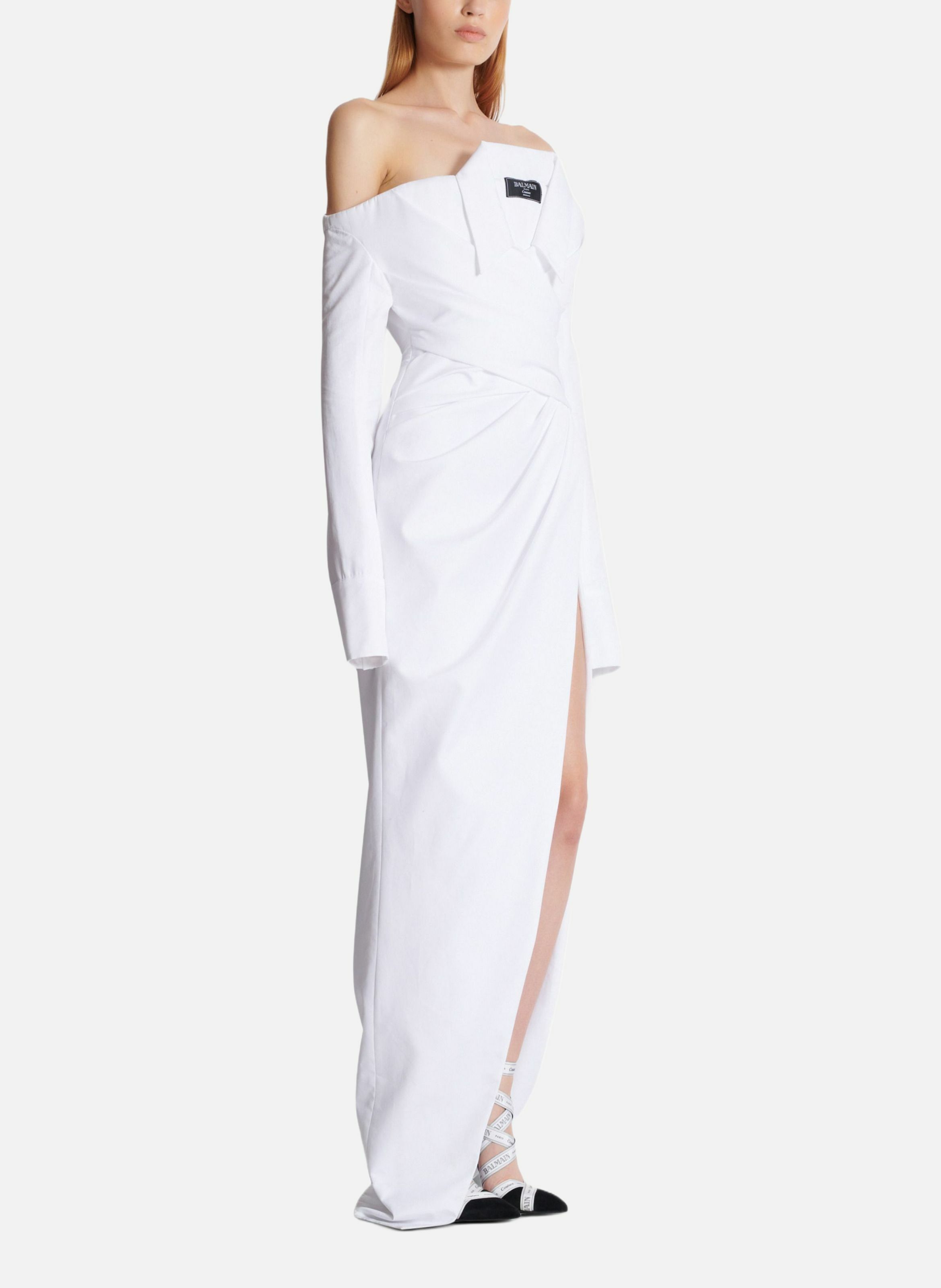 Robe bustier longue à manches longues en popeline BALMAIN Blanc