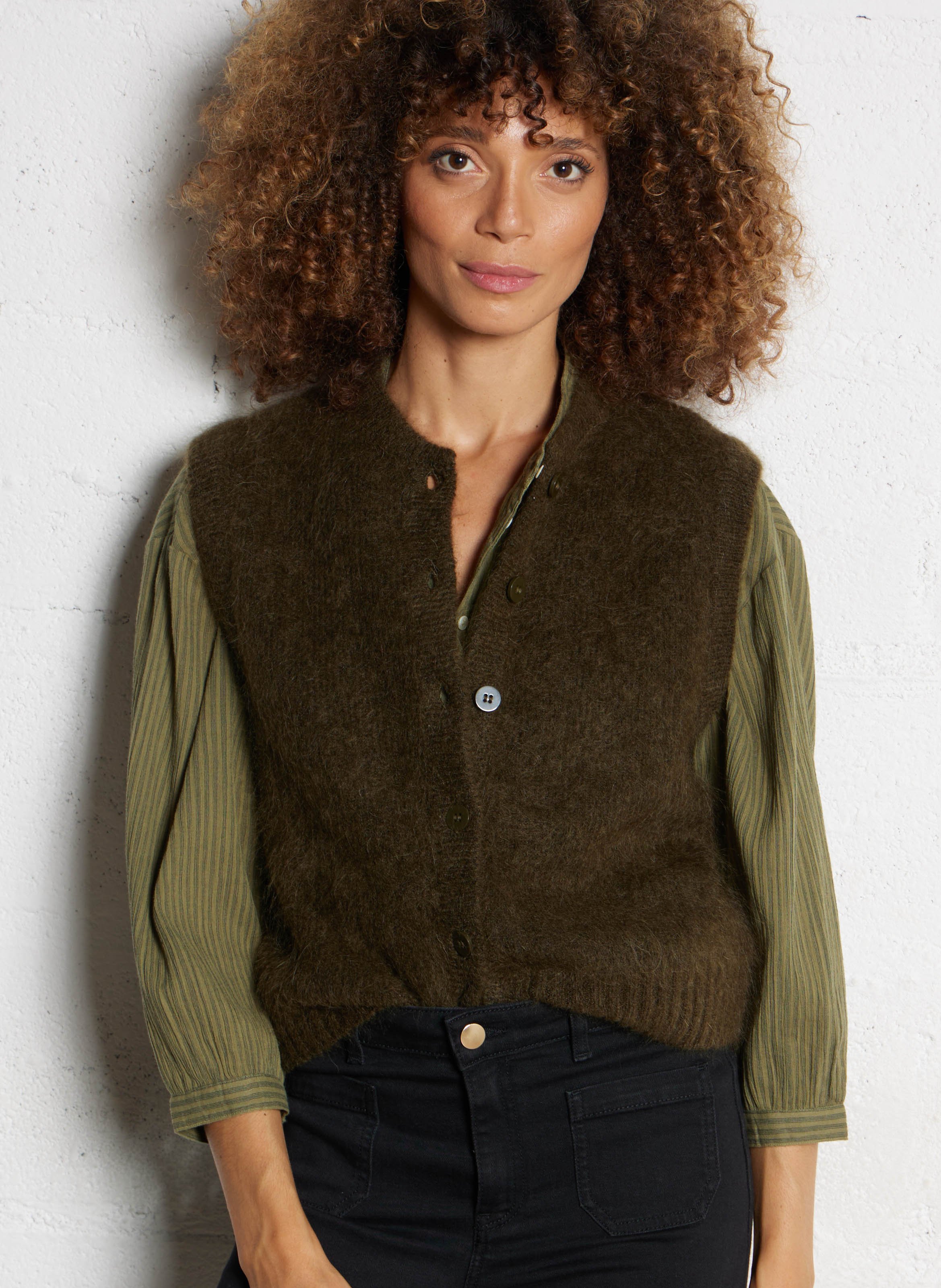 MAISON 123 Gilet droit en mohair mélangé loulou Kaki