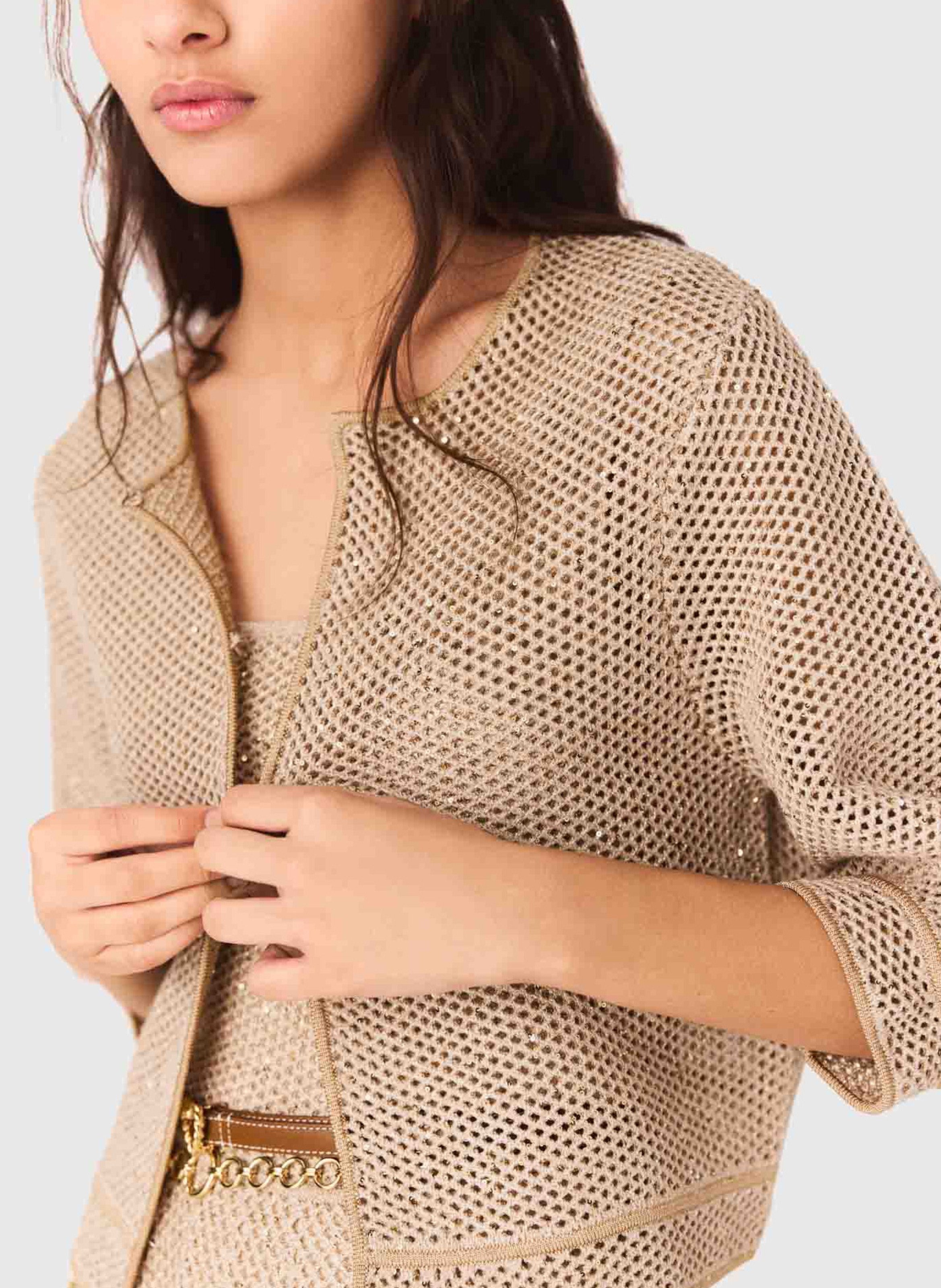 Gilet droit col rond métallisé MAJE Beige