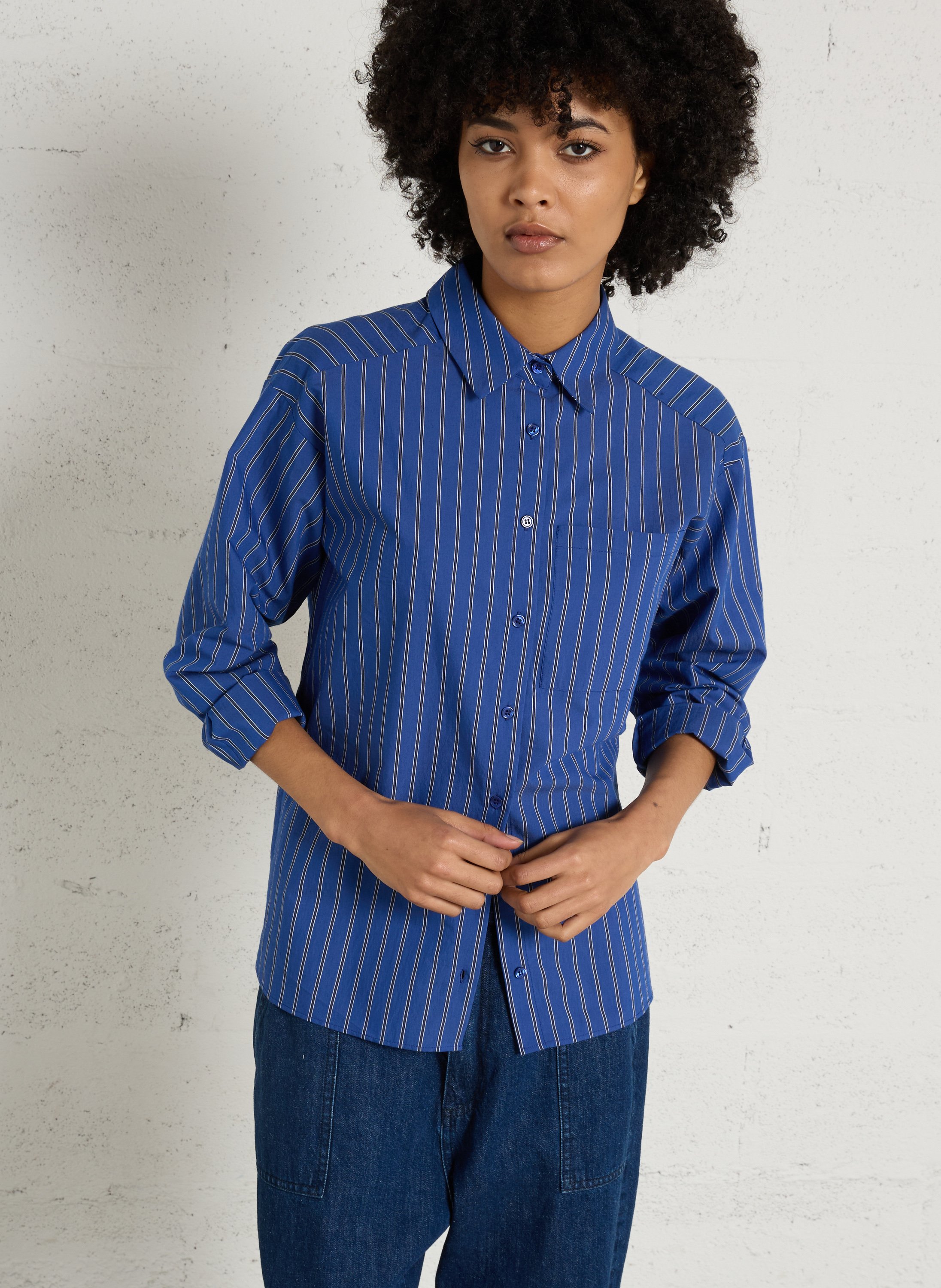 Chemise oversize col classique en coton mélangé rayé passy MAISON 123 Bleu