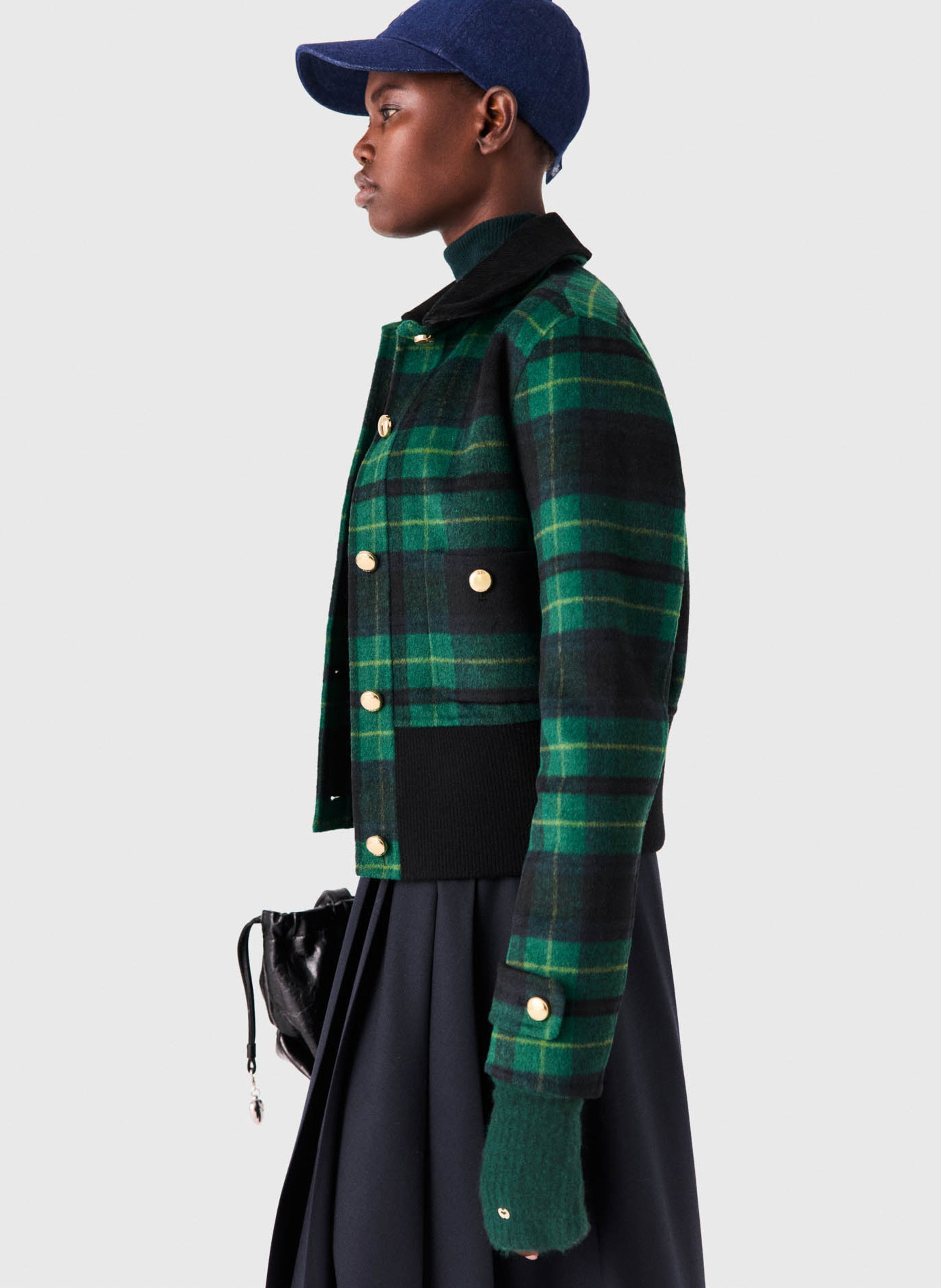 Veste droite col classique à carreaux en laine mélangée MAJE Bleu
