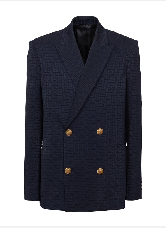 Blazer en jacquard satiné monogramme pb labyrinthe Bleu by BALMAIN BALMAIN Blazer en jacquard satiné monogramme pb labyrinthe Bleu