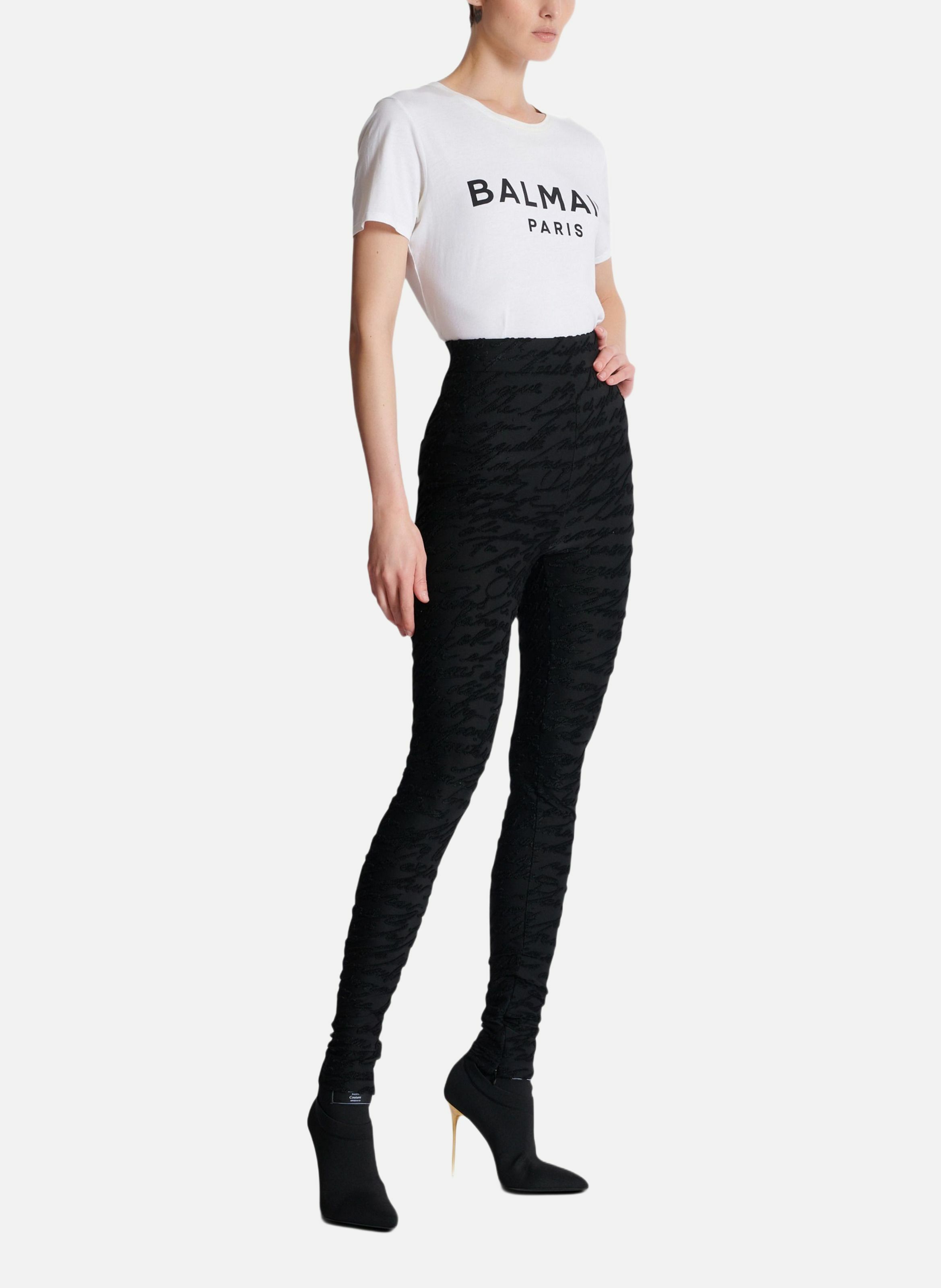 Legging en maille jacquard à motif « lettre d'amour » BALMAIN Noir