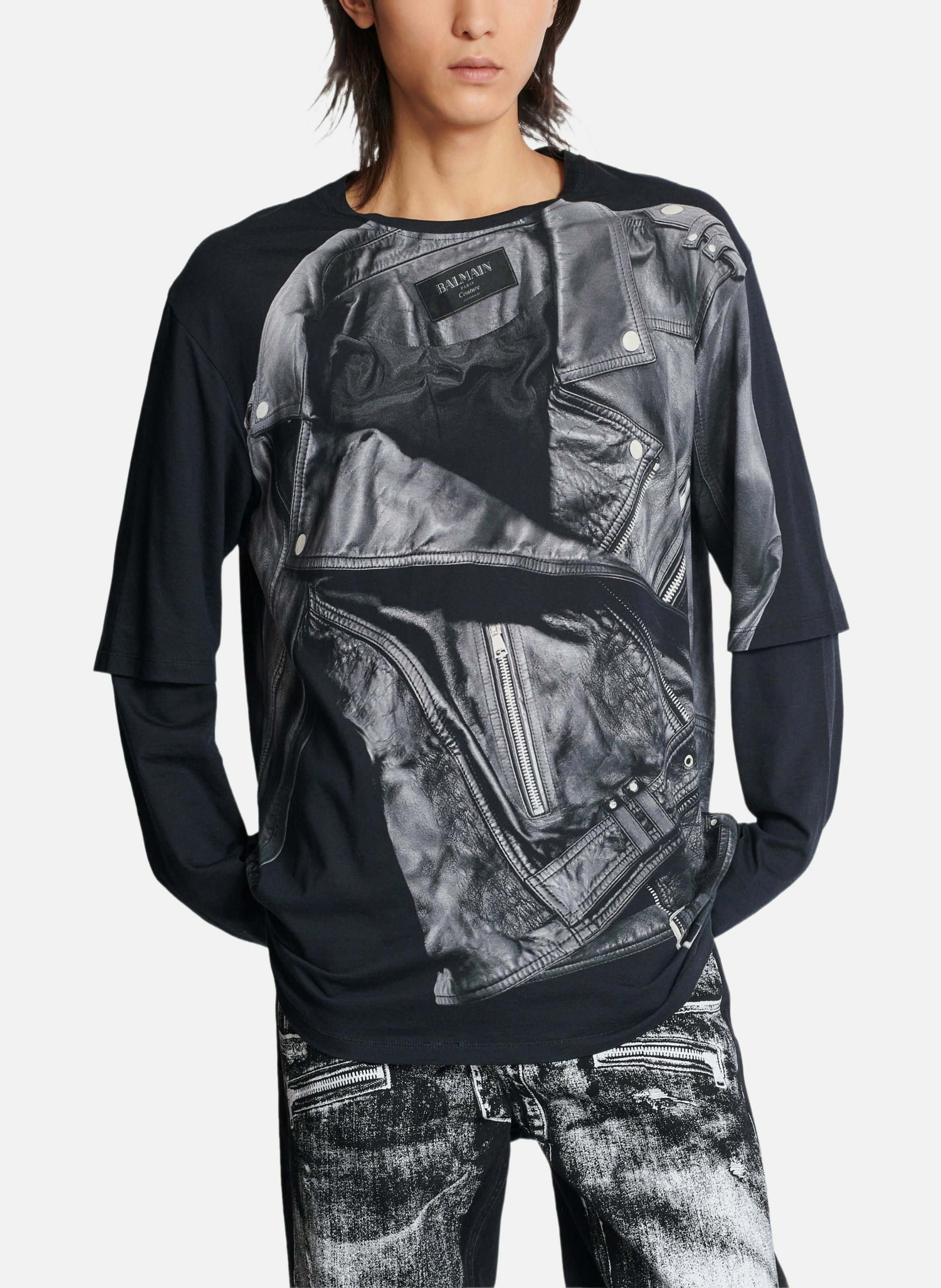T-shirt à manches longues imprimé trompe-l’œil veste biker BALMAIN Noir