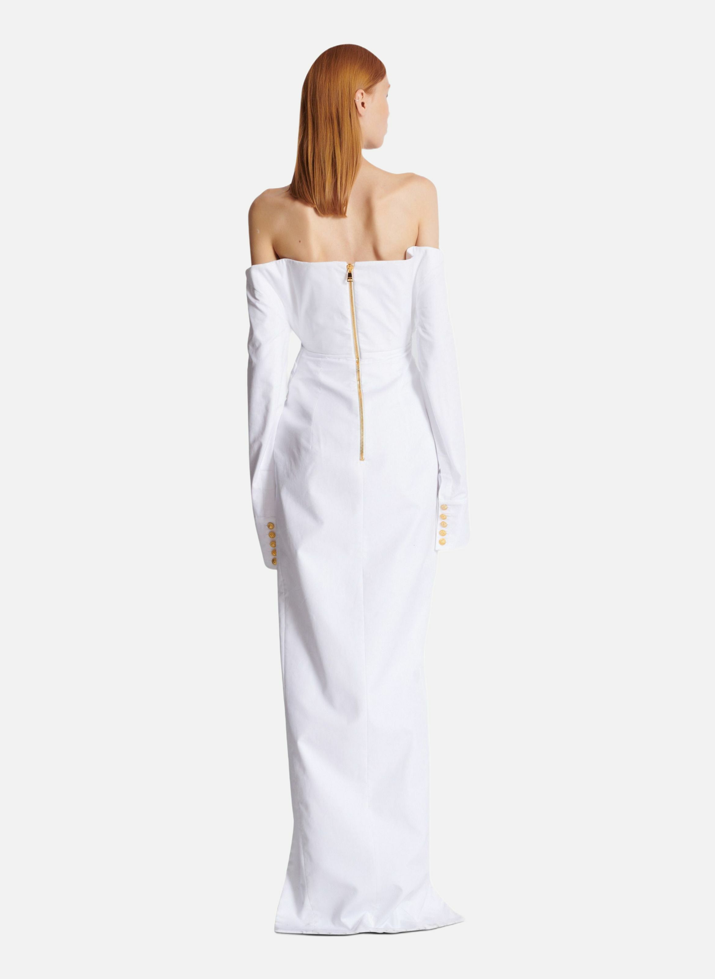 Robe bustier longue à manches longues en popeline BALMAIN Blanc