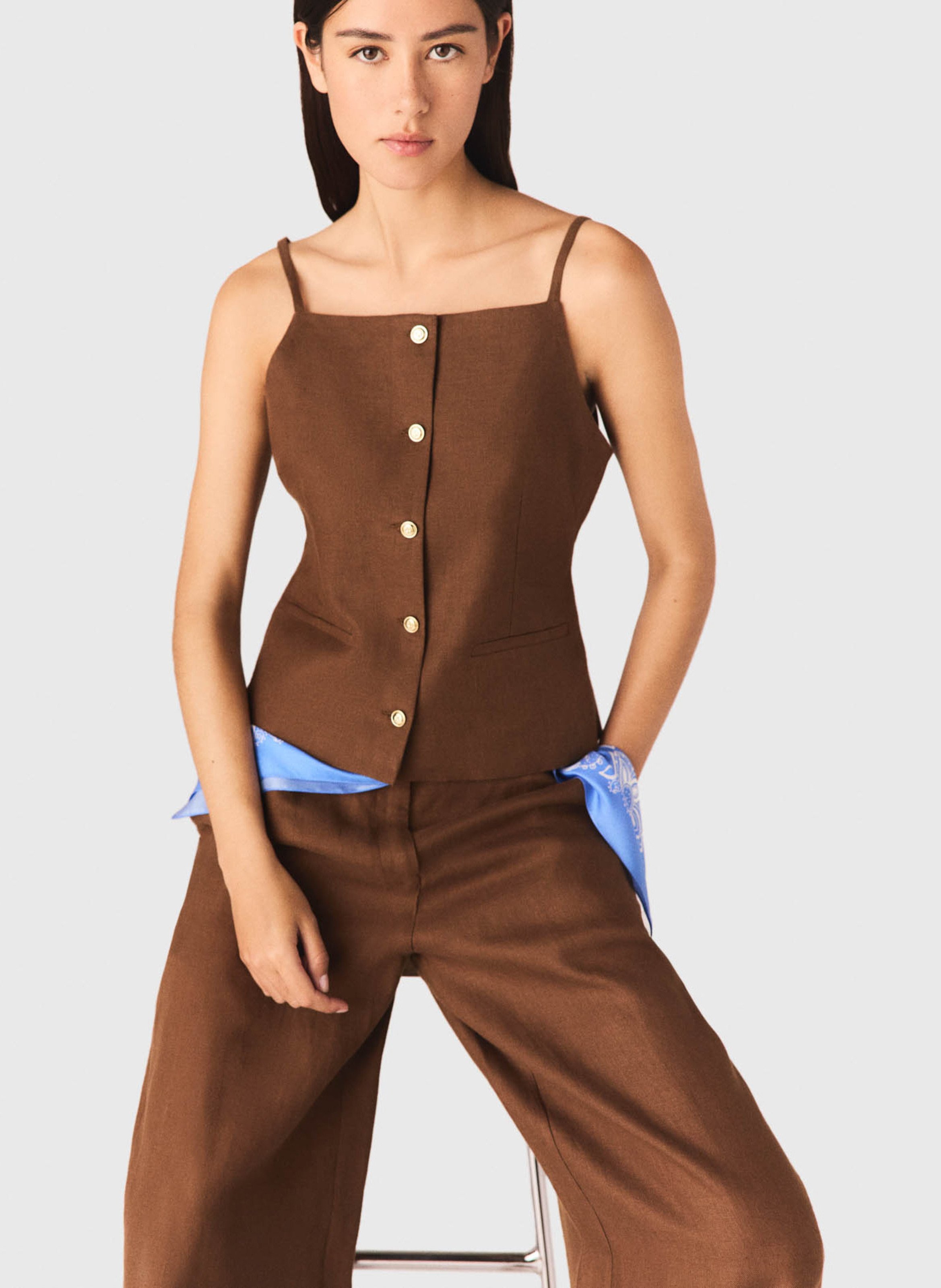 Top droit en lin MAJE Marron