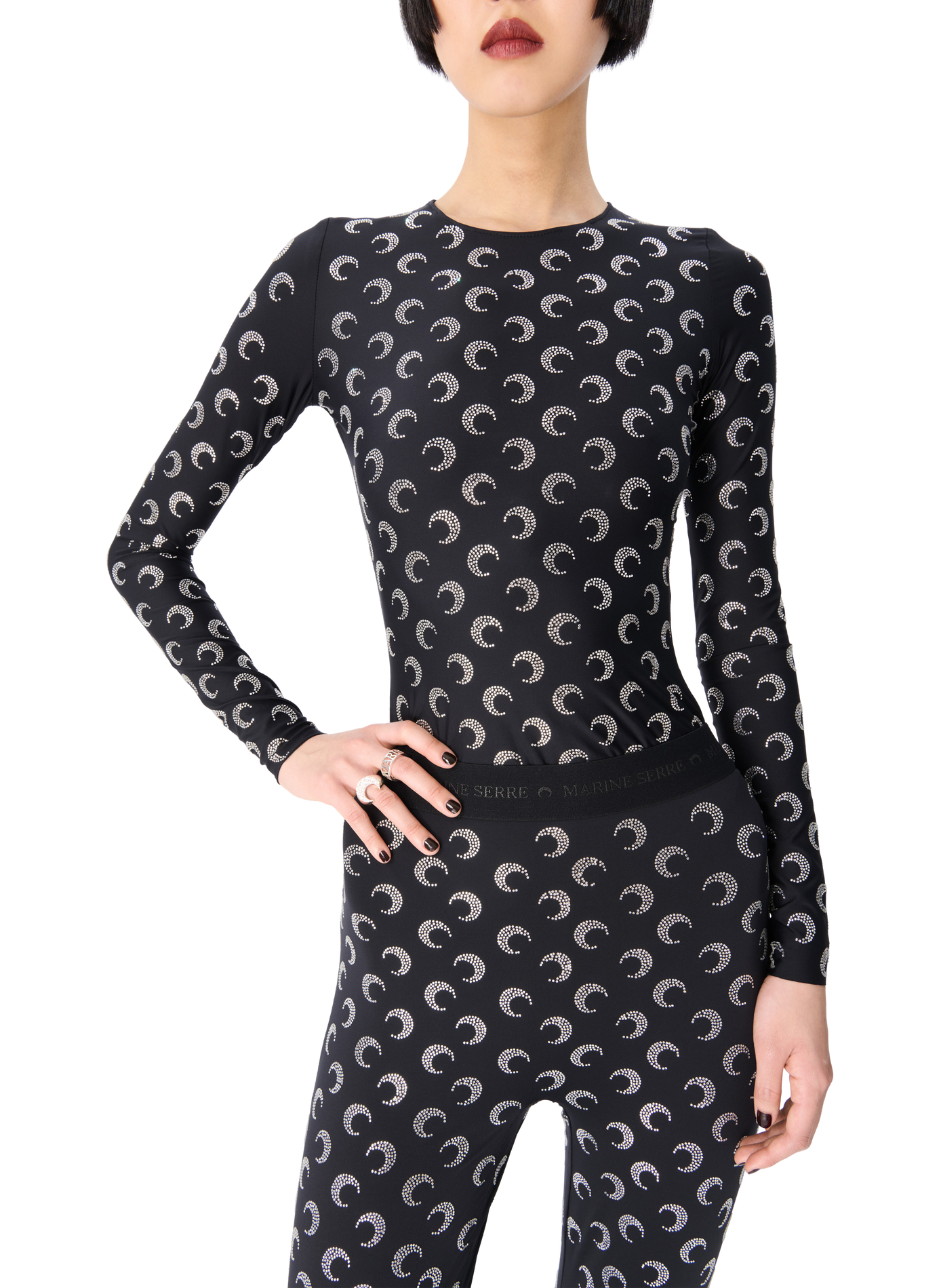Top col rond manches longues moon strass en jersey MARINE SERRE Noir