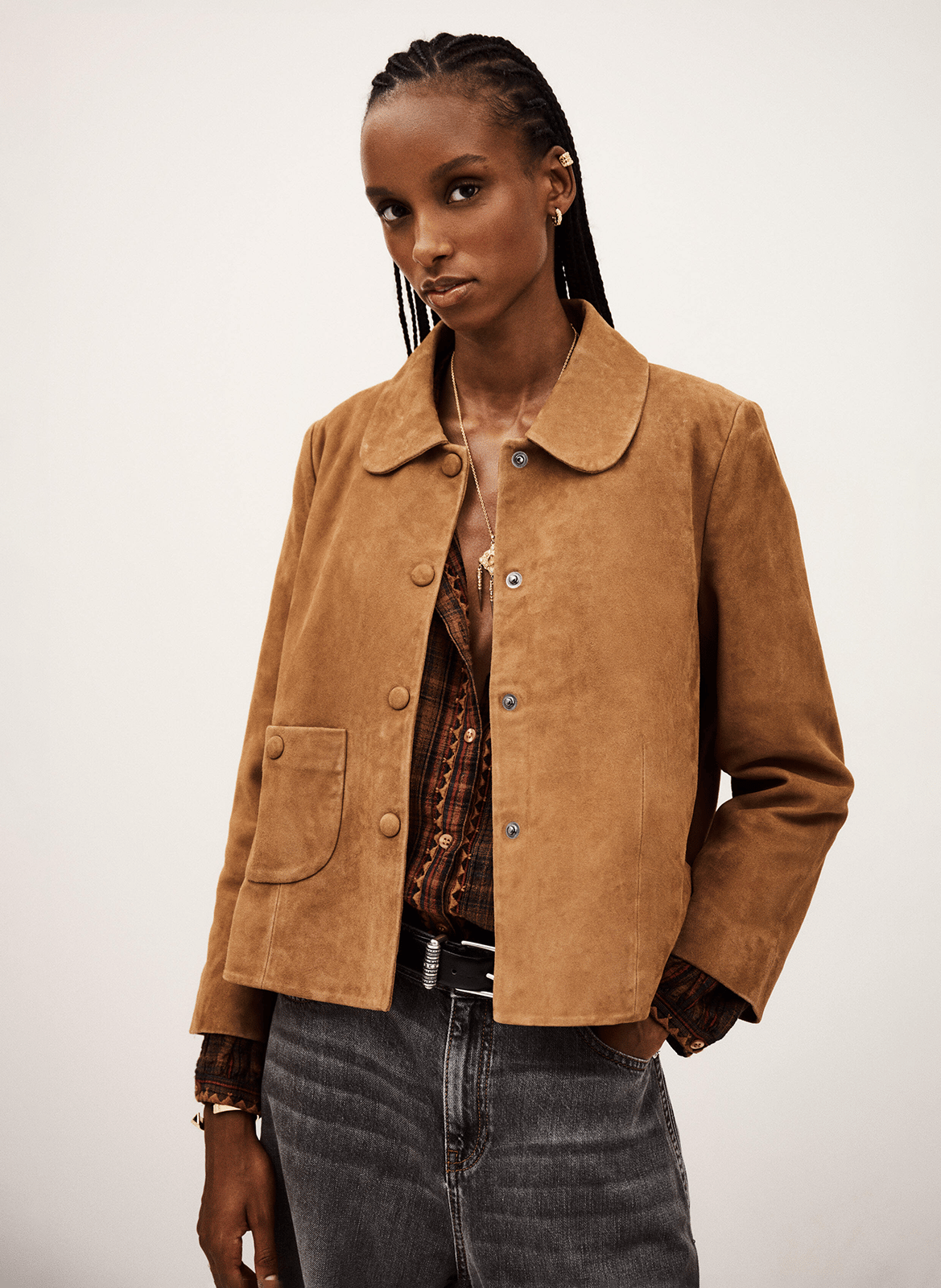 Veste courte en cuir velours milas BA&SH Marron
