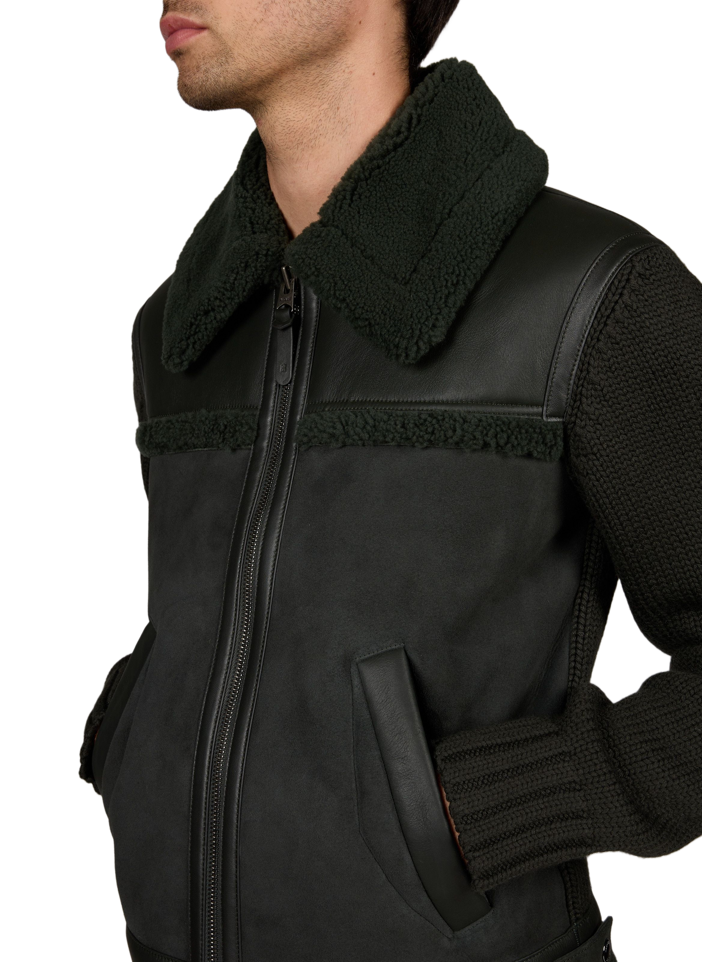Jacke mit klassischem Kragen aus Leder und Wolle | Grun MACKAGE Herren