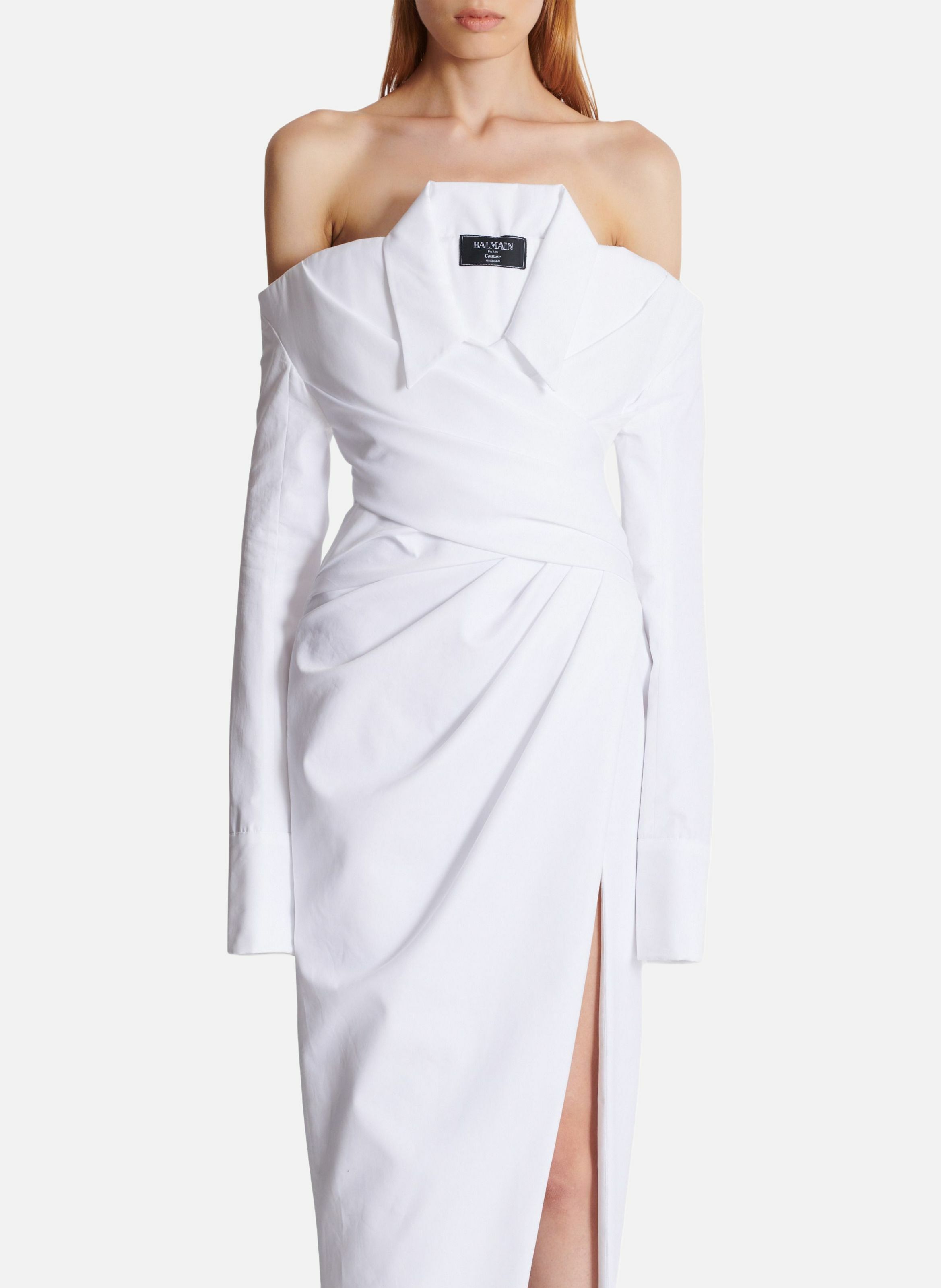Robe bustier longue à manches longues en popeline BALMAIN Blanc