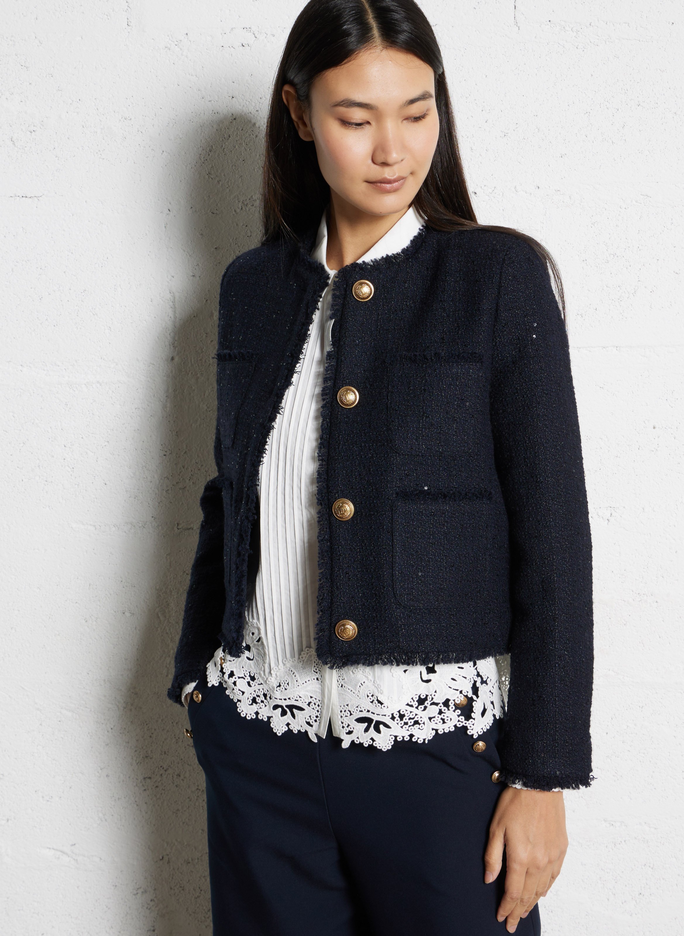 Veste courte effet tweed à sequins IKKS Bleu