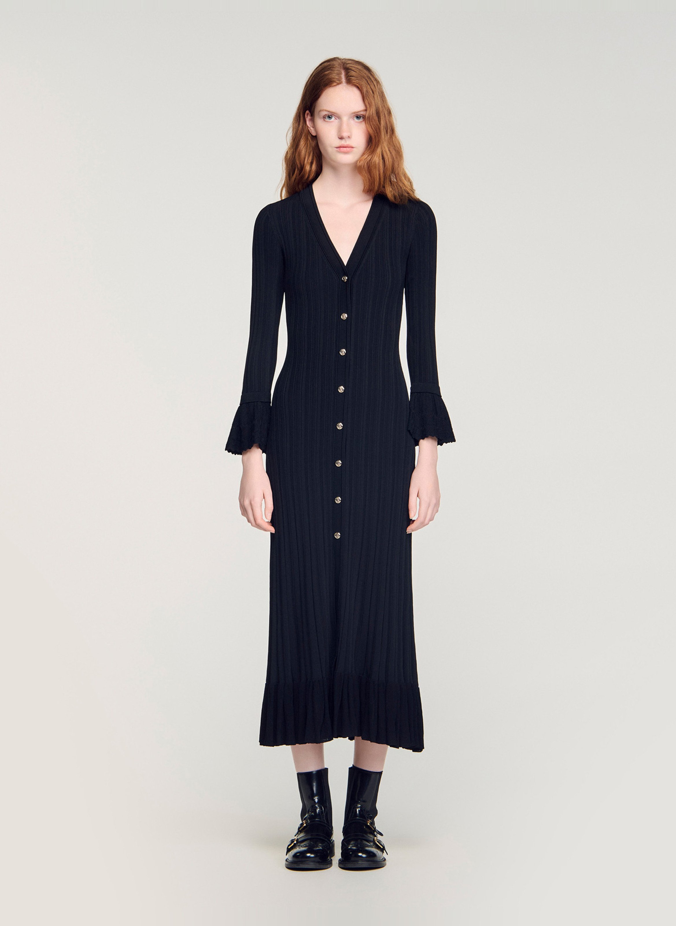 Robe longue ajustée à volants SANDRO Noir