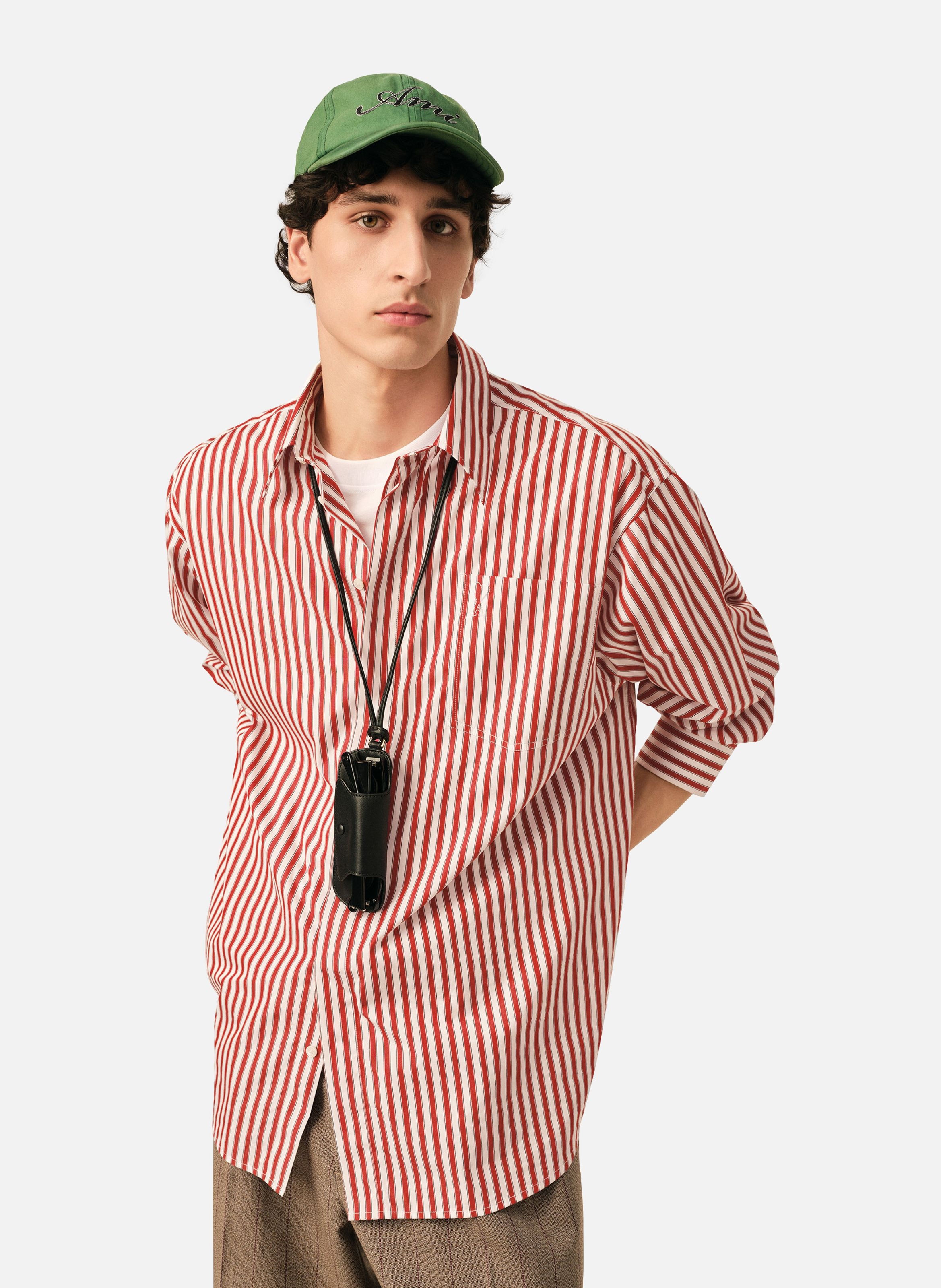 Chemise large rayée unisexe en coton ami de coeur embossé AMI PARIS Rouge