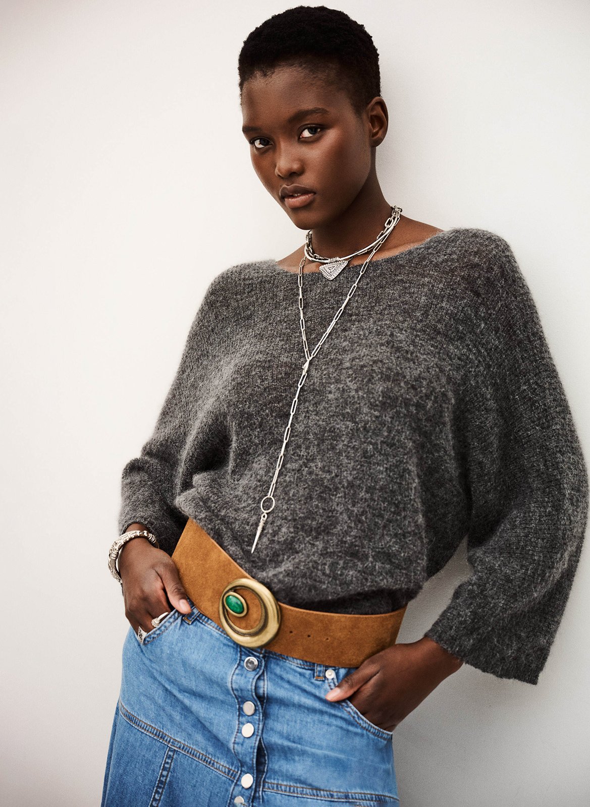 Cardigan col v à boutons bijoux en laine mélangée isaac BA&SH Gris