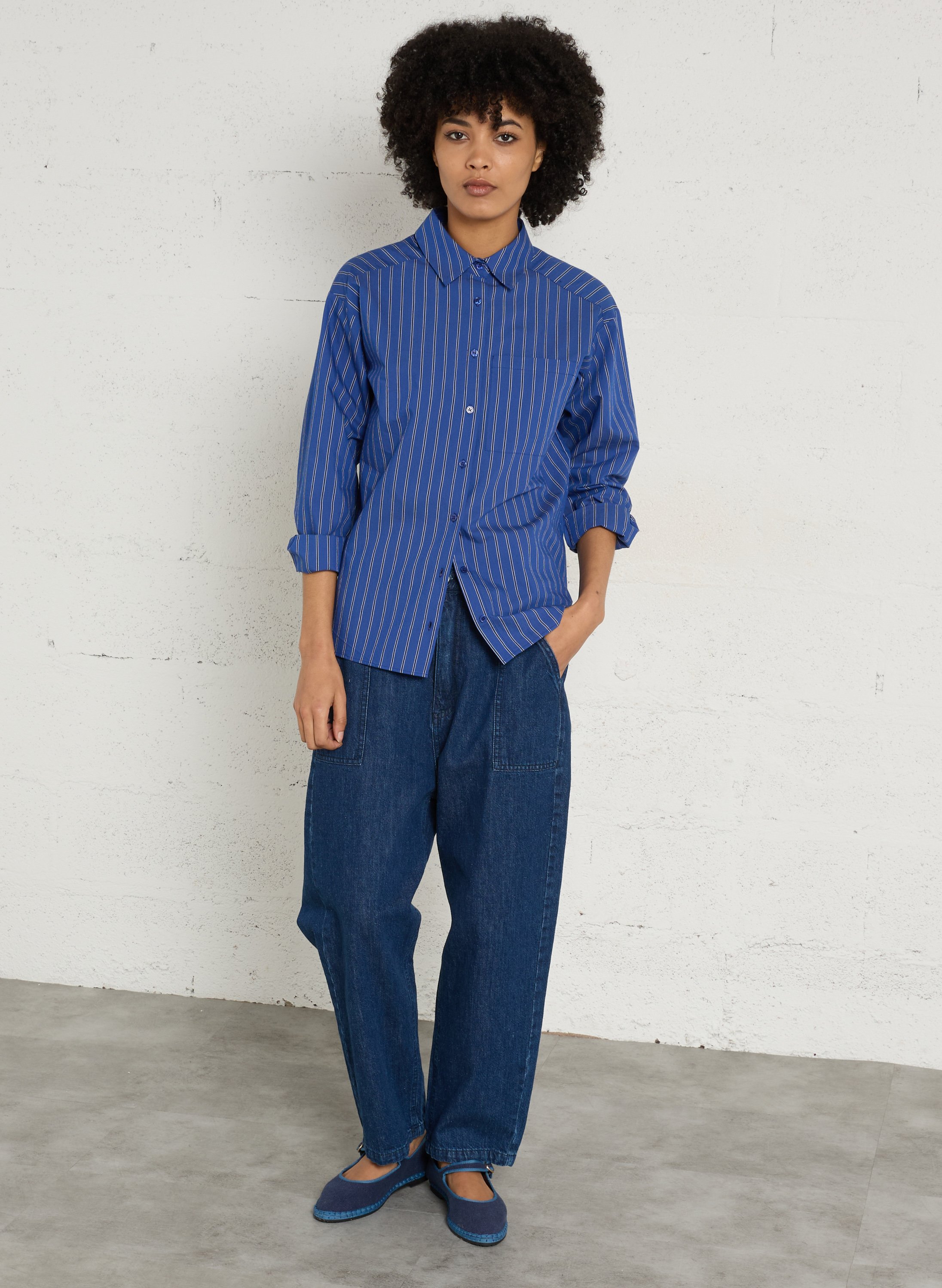Chemise oversize col classique en coton mélangé rayé passy MAISON 123 Bleu