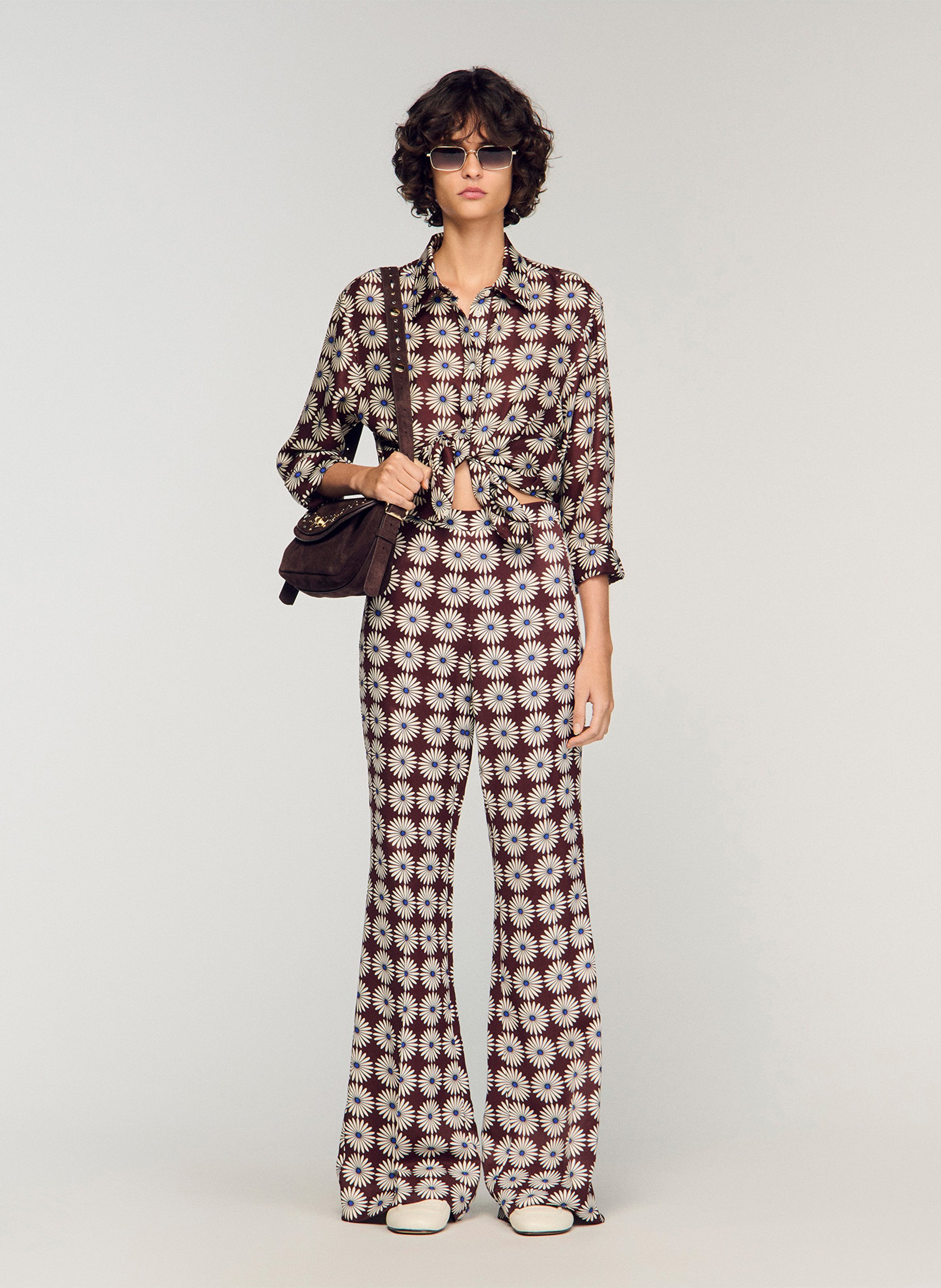 Chemise droite fleurie en soie SANDRO Marron