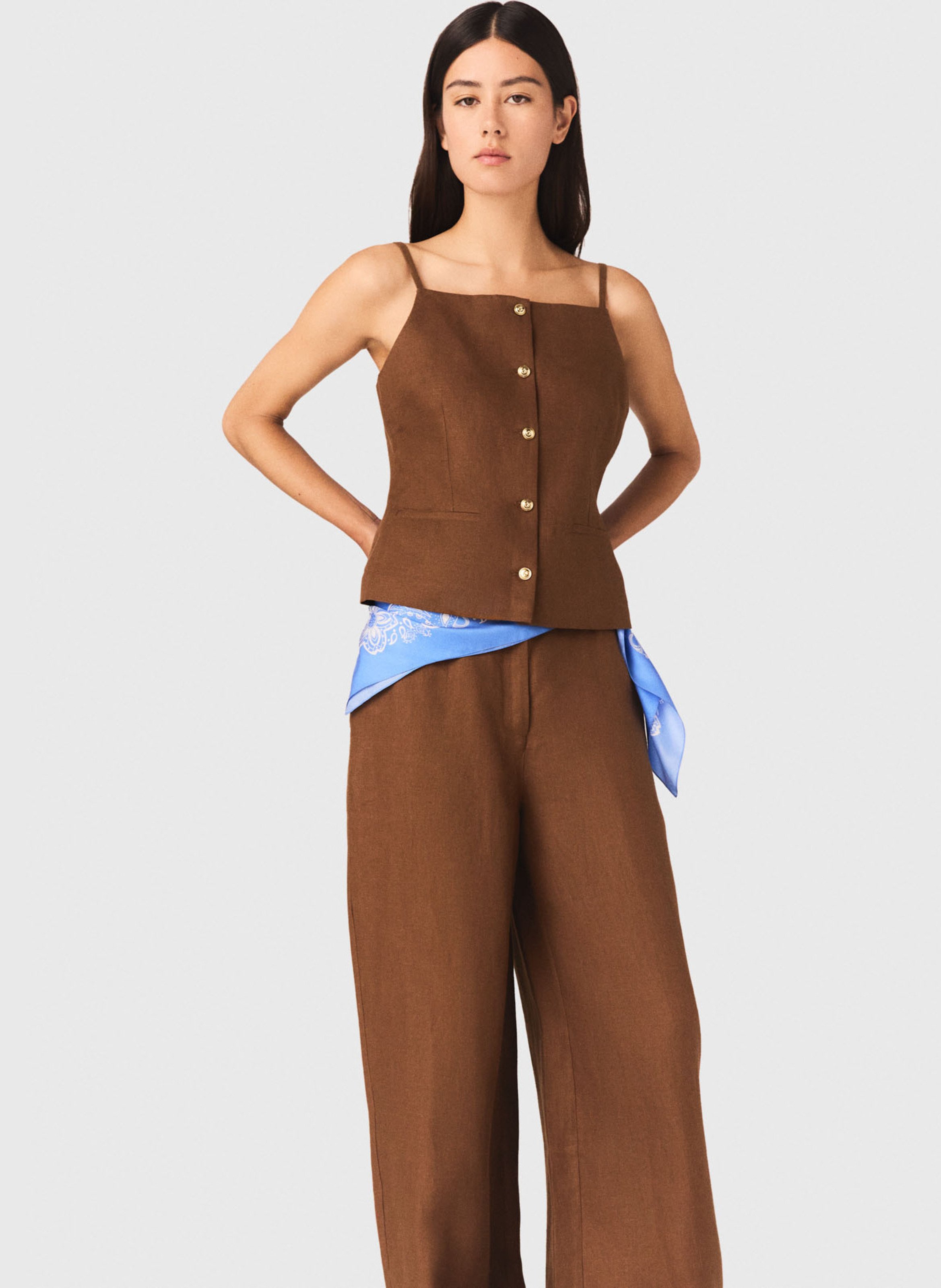 Top droit en lin MAJE Marron