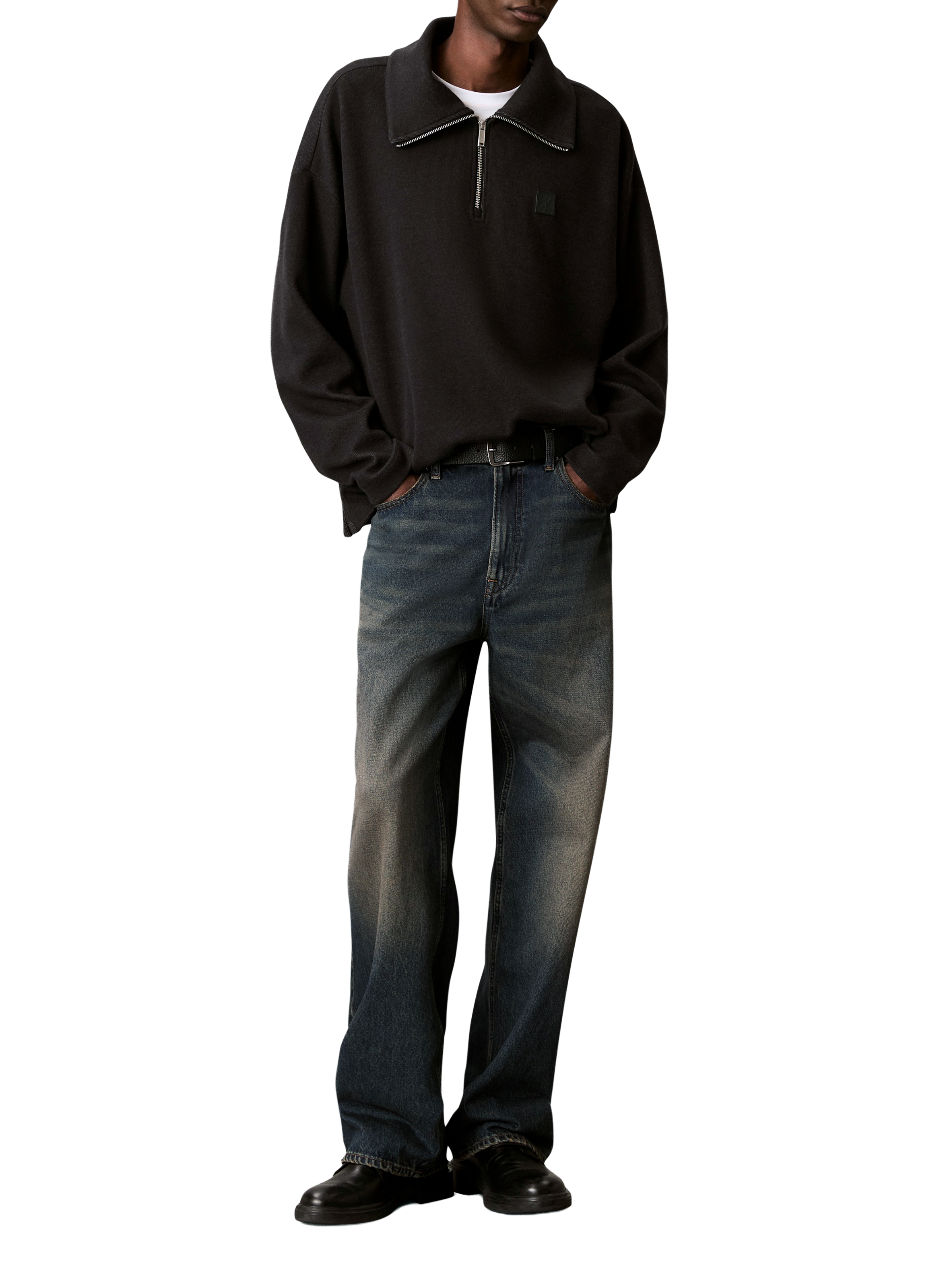 Sweat droit à col zippé en coton mélangé CALVIN KLEIN Noir