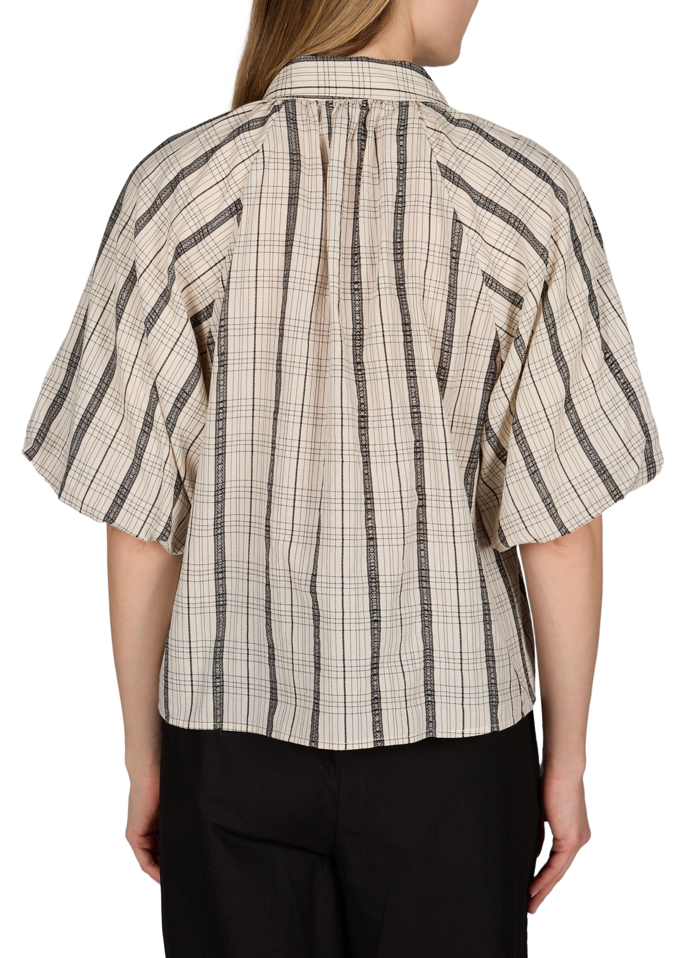 Short-sleeved checked shirt in blended cotton OBJECT Beige