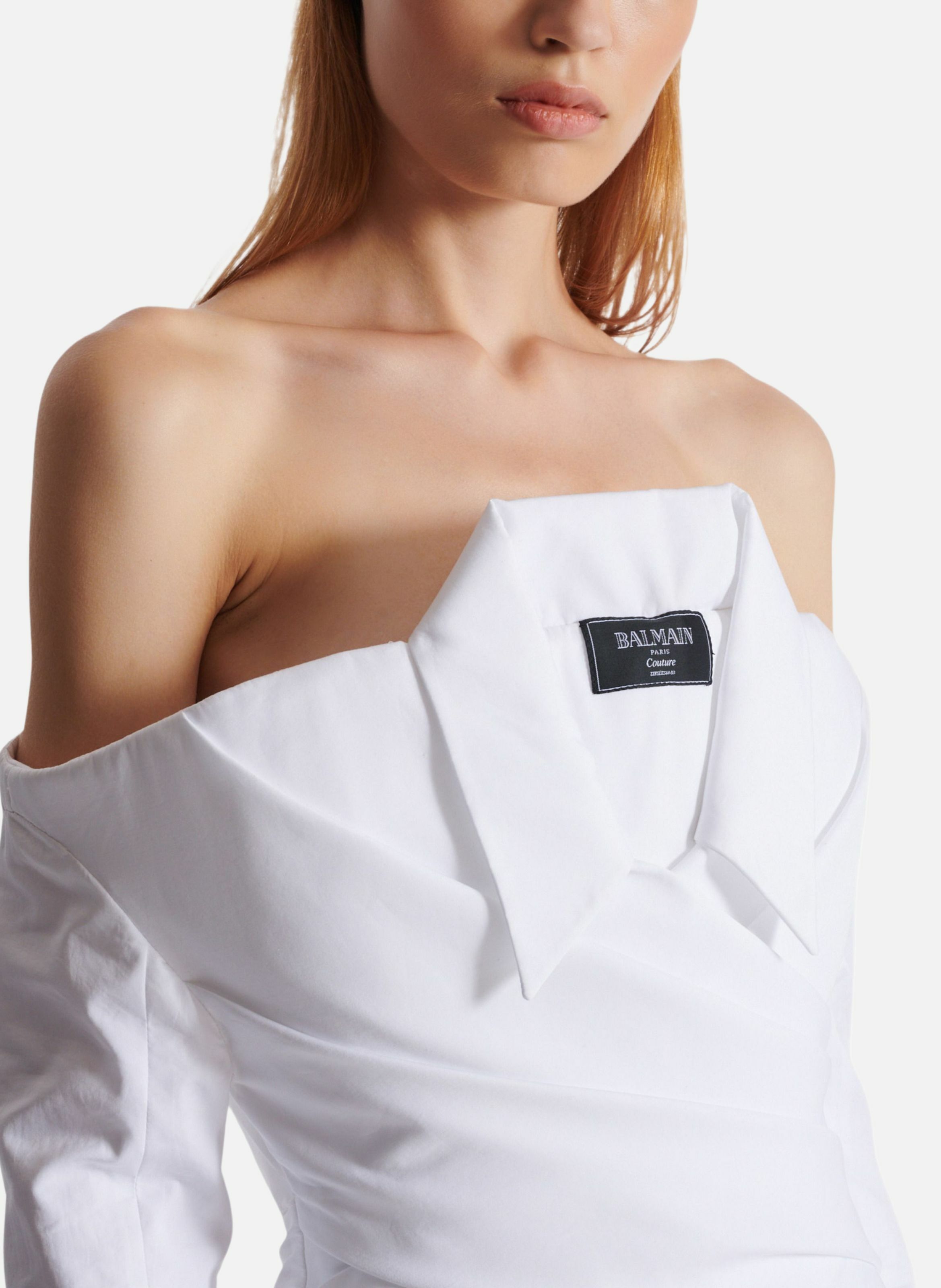 Robe bustier longue à manches longues en popeline BALMAIN Blanc